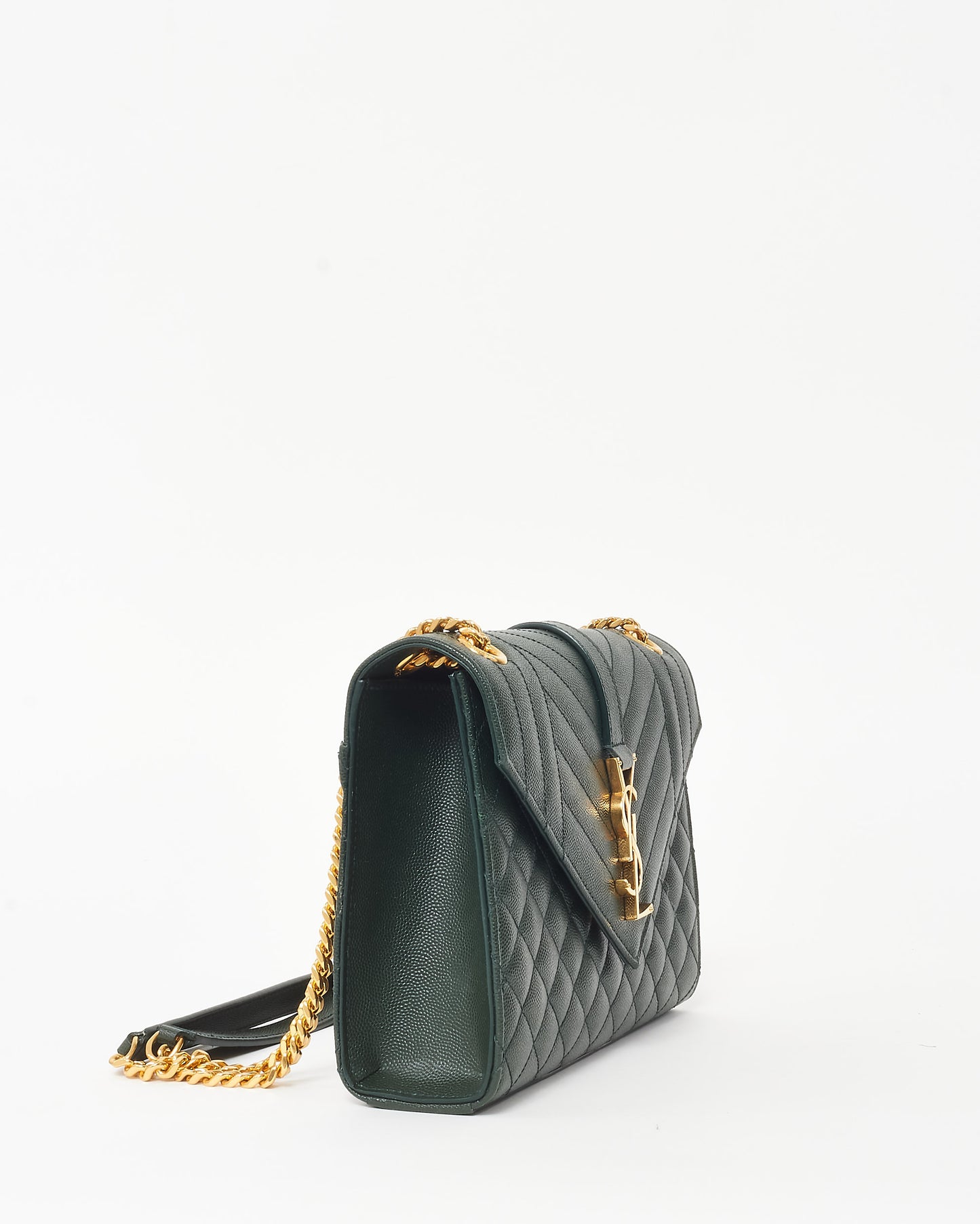 Saint Laurent Green Quilted Embossed Leather Medium YSL Logo Envelope Flap Bag