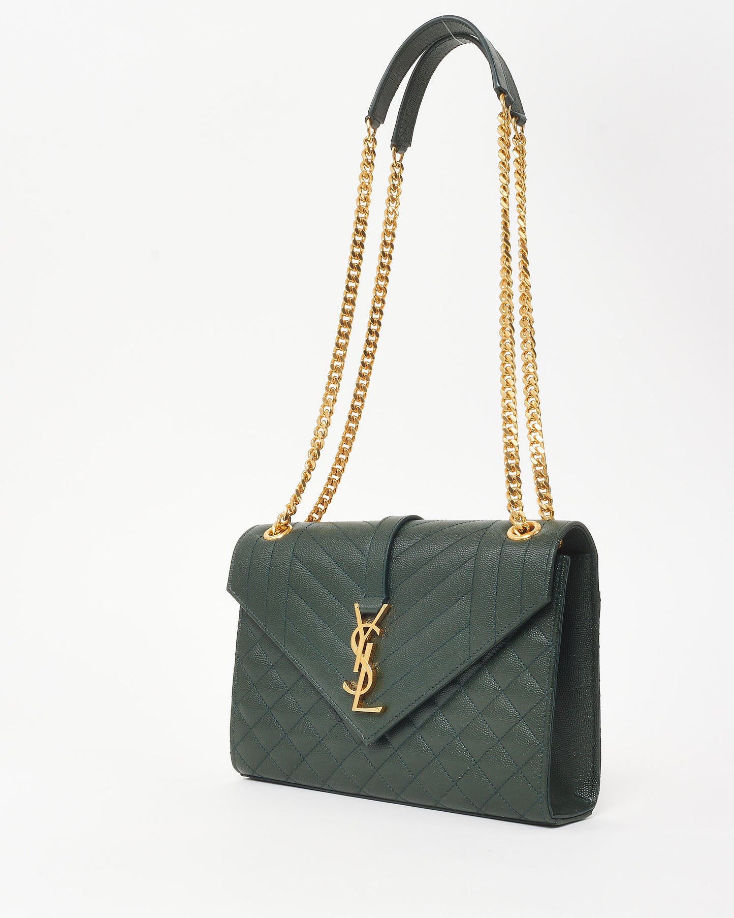 Saint Laurent Green Quilted Embossed Leather Medium YSL Logo Envelope Flap Bag