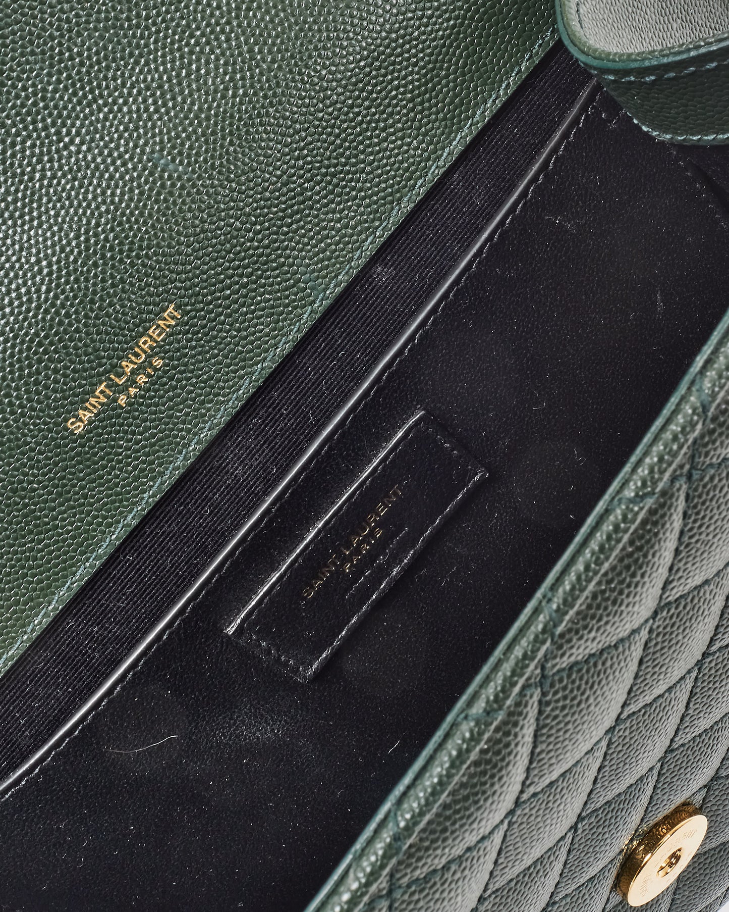 Saint Laurent Green Quilted Embossed Leather Medium YSL Logo Envelope Flap Bag