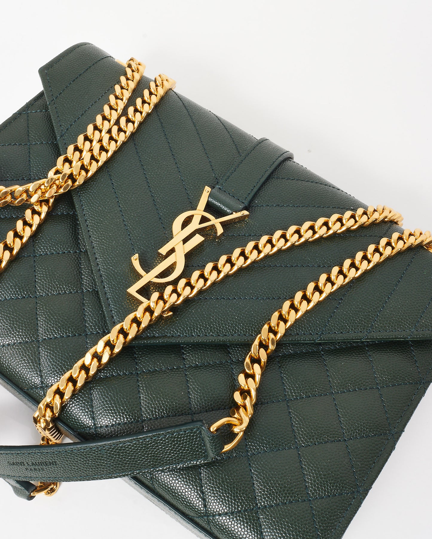 Saint Laurent Green Quilted Embossed Leather Medium YSL Logo Envelope Flap Bag