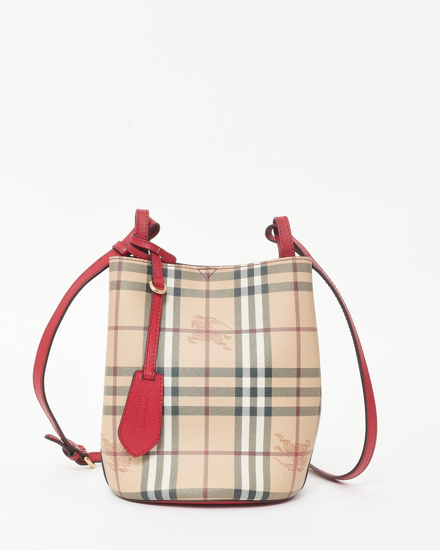 Burberry Red and Haymarket Check Coated Canvas Lorne Bucket Bag