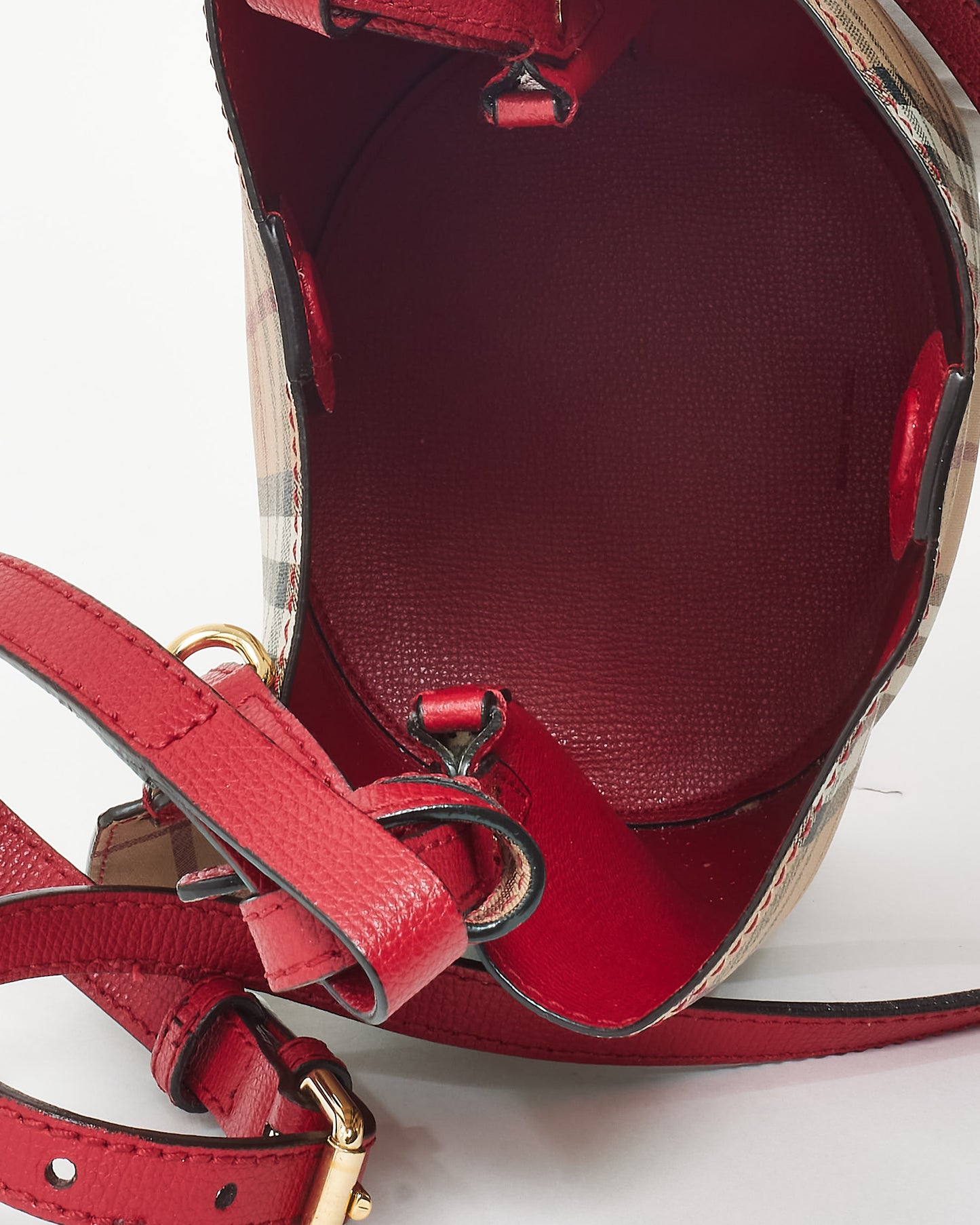 Burberry Red and Haymarket Check Coated Canvas Lorne Bucket Bag