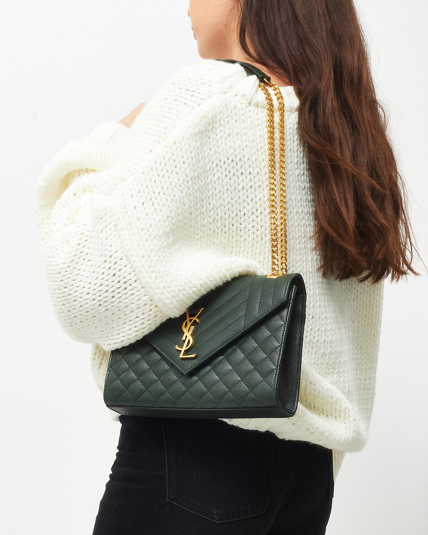 Saint Laurent Green Quilted Embossed Leather Medium YSL Logo Envelope Flap Bag