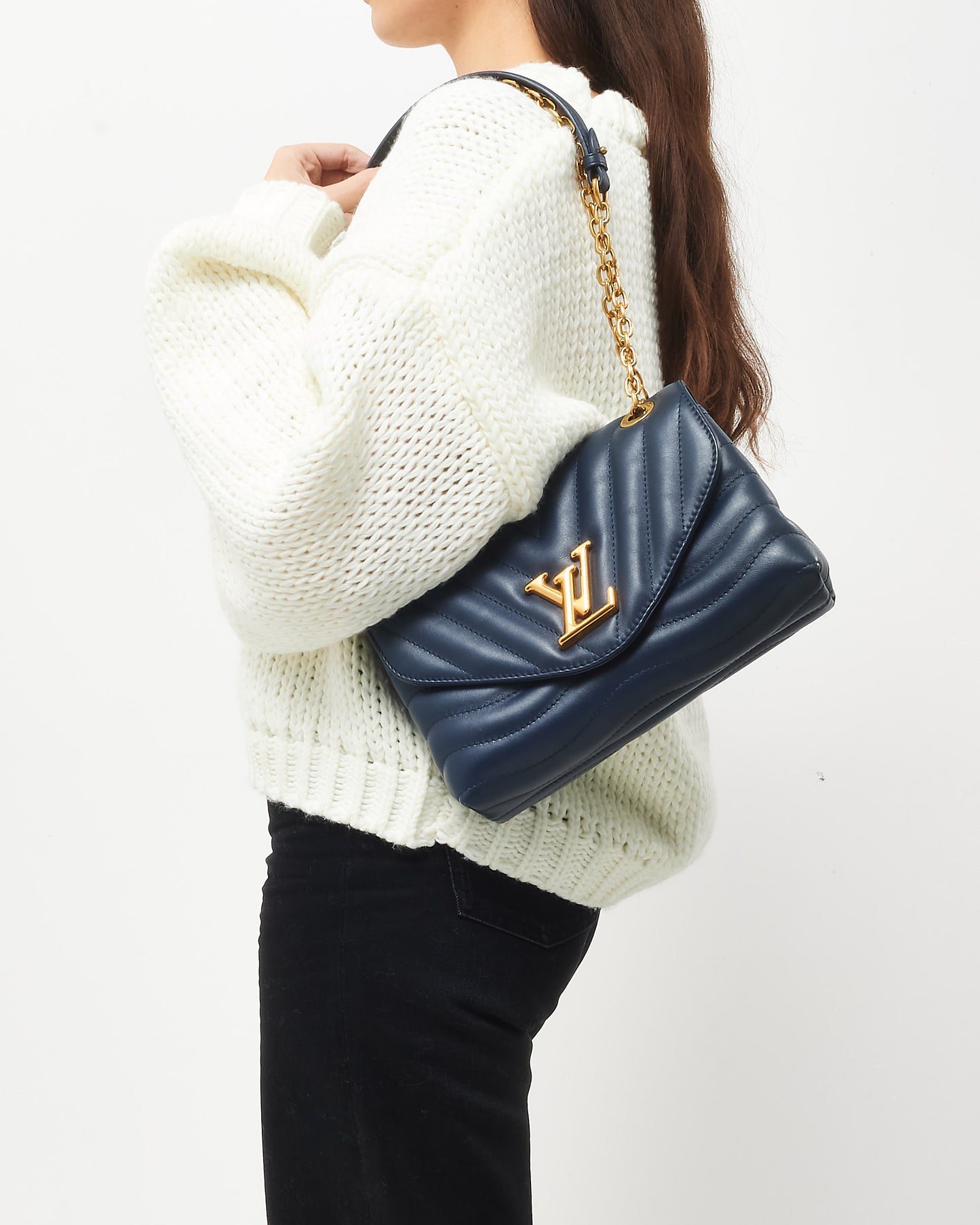 Louis Vuitton Navy Leather New Wave Chain MM Shoulder Bag