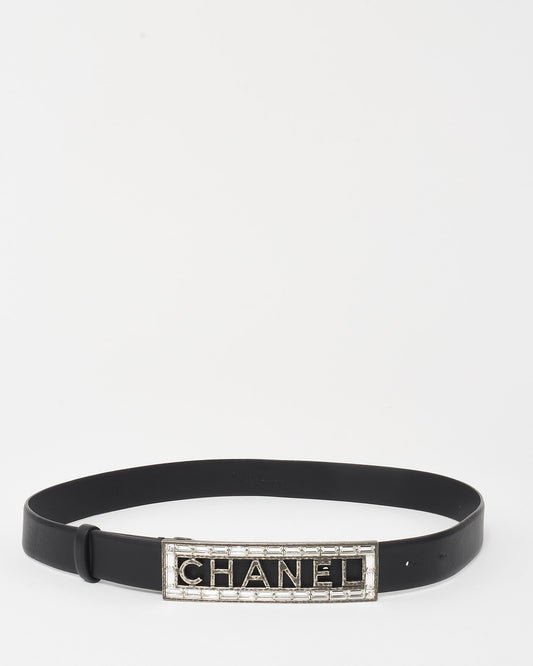 Chanel Black Leather Rhinestone Nameplate Logo Buckle Belt - 85/34