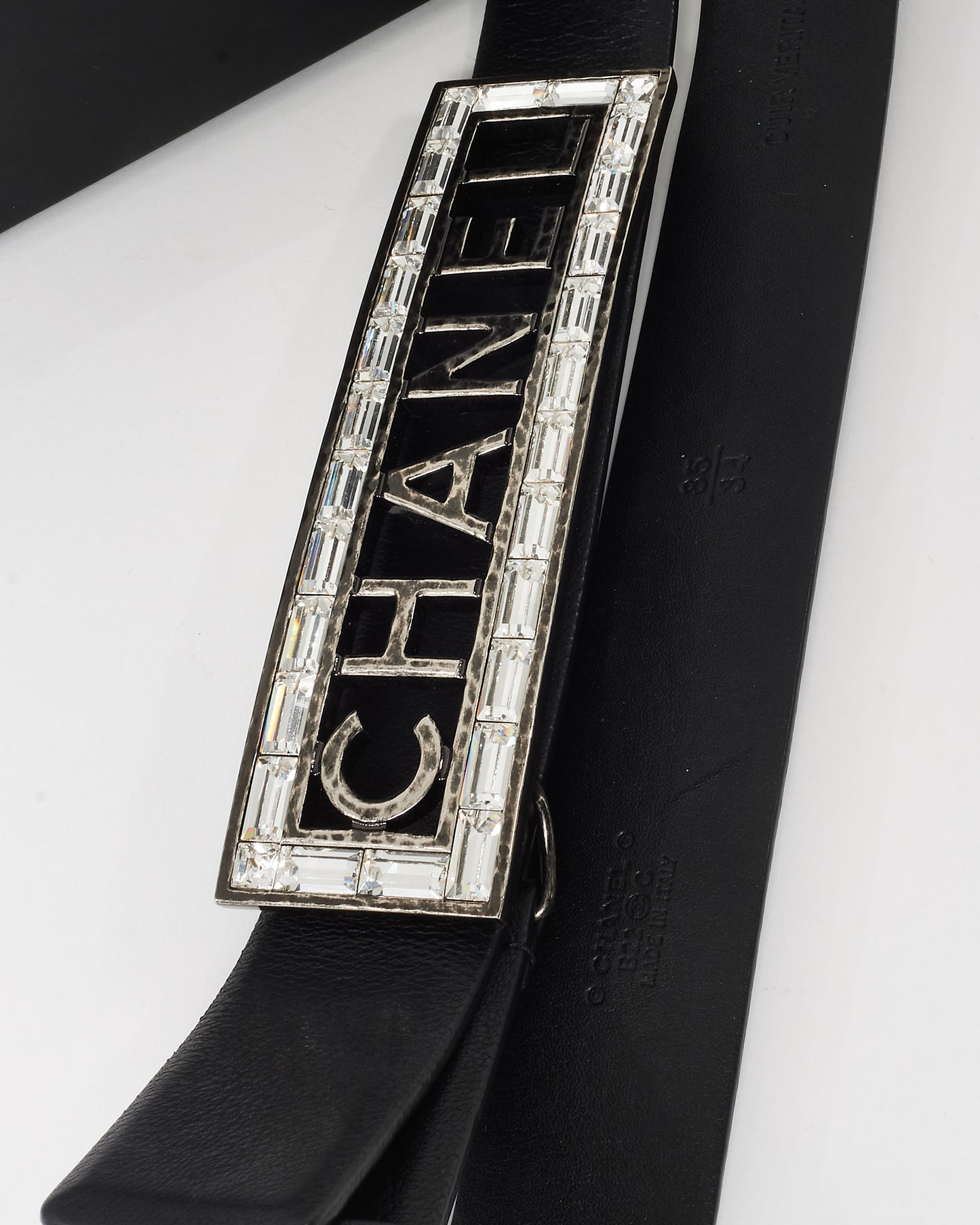 Chanel Black Leather Rhinestone Nameplate Logo Buckle Belt - 85/34