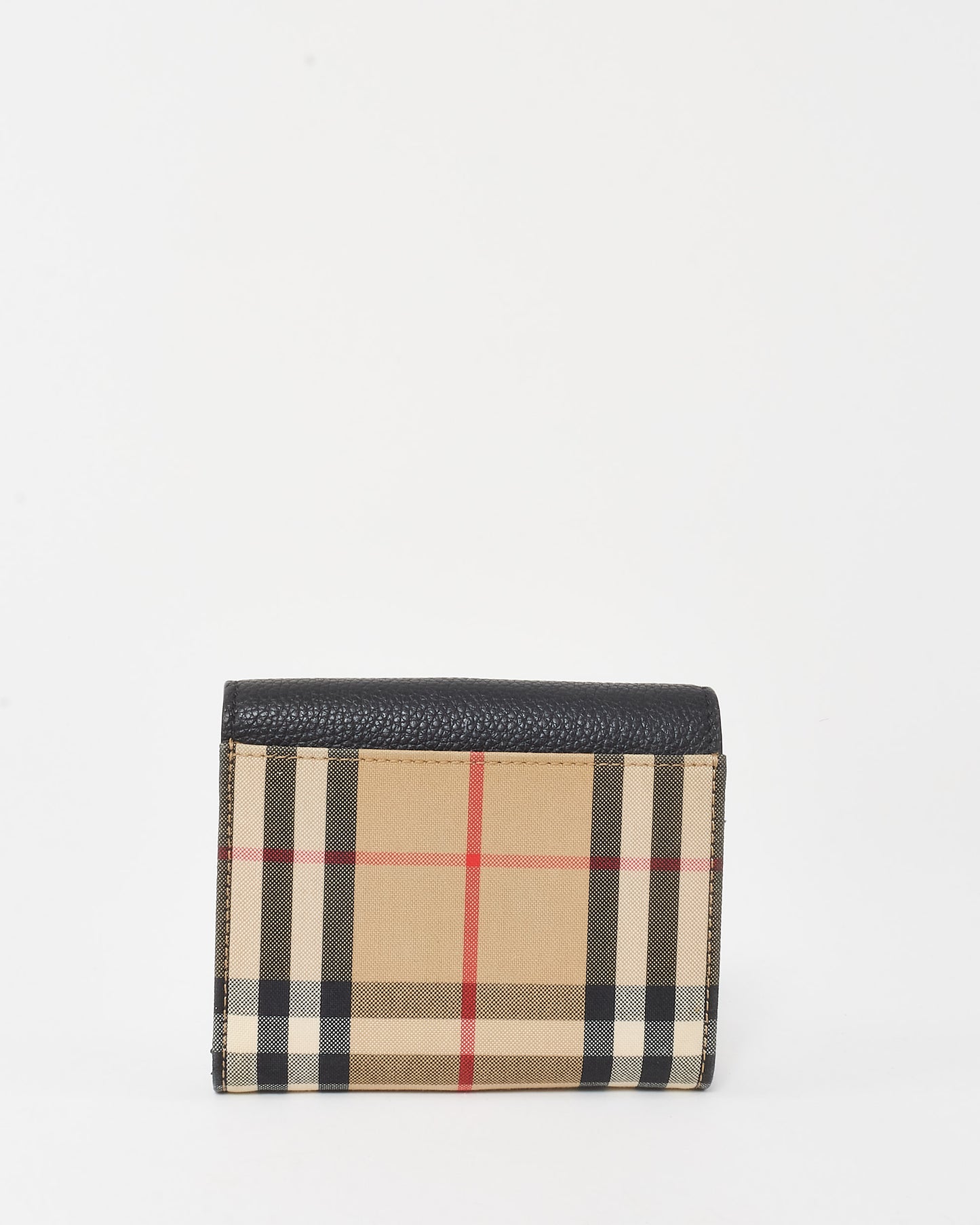 Burberry Black Leather and Beige Lancaster Check-Print Small Compact Wallet