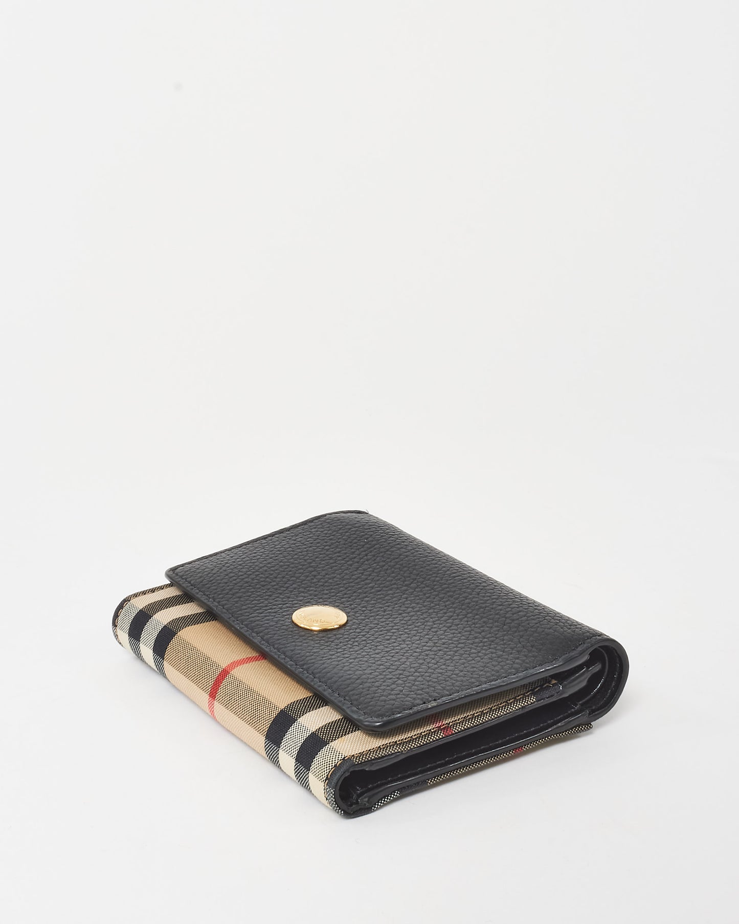 Burberry Black Leather and Beige Lancaster Check-Print Small Compact Wallet