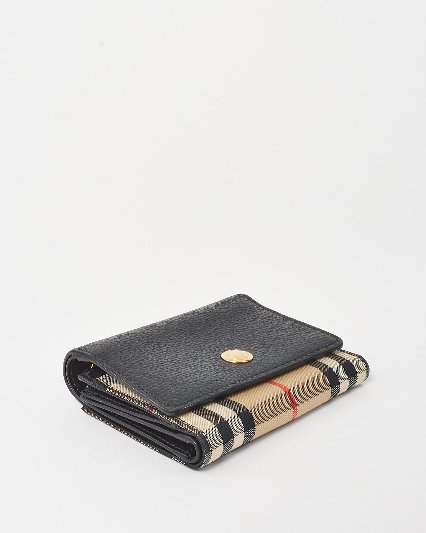 Burberry Black Leather and Beige Lancaster Check-Print Small Compact Wallet