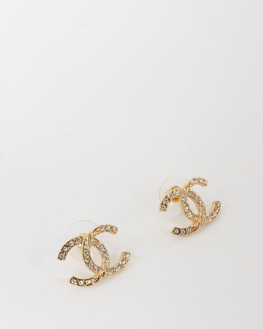 Chanel Light Gold Twisted Crystal CC Logo Earrings