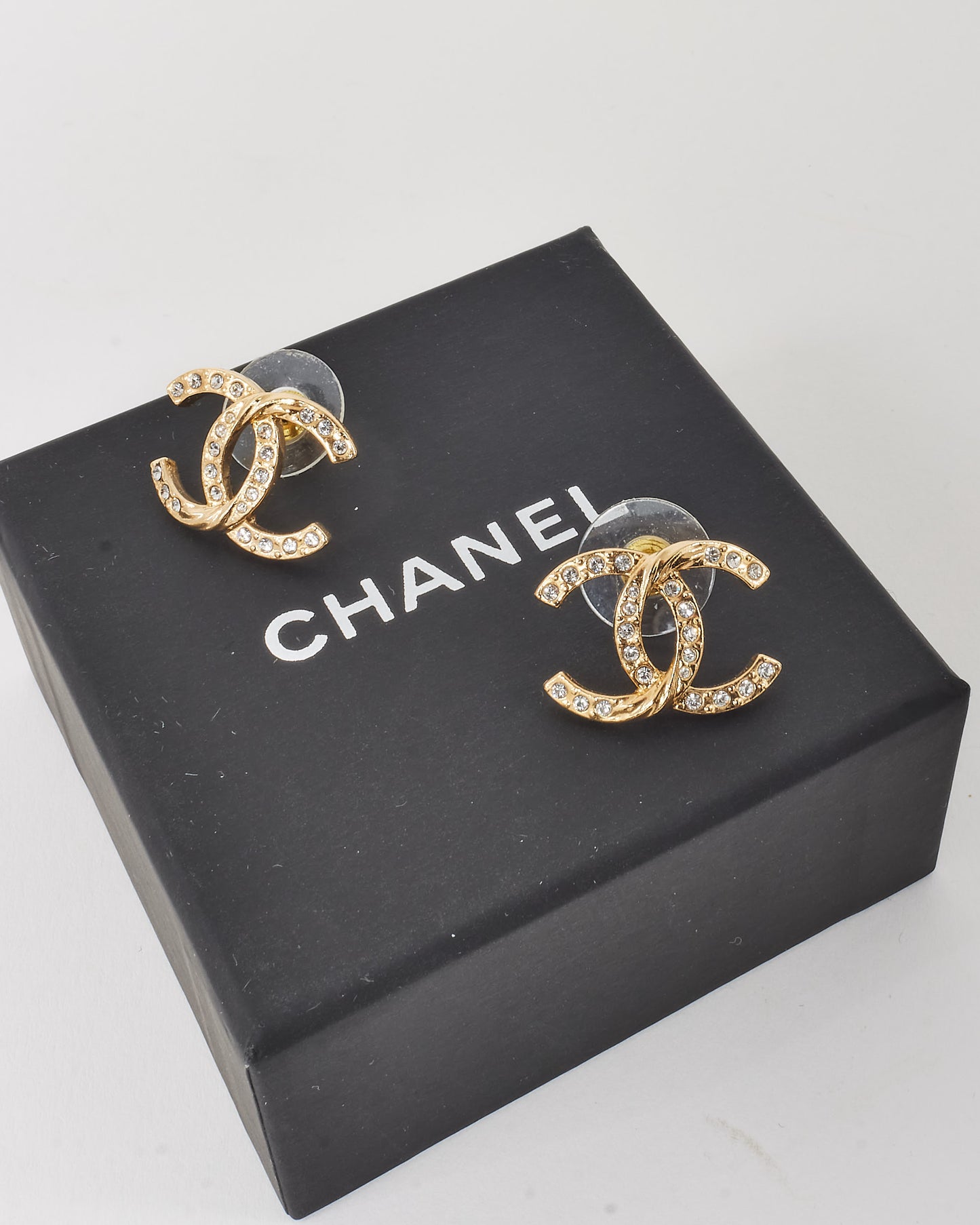 Chanel Light Gold Twisted Crystal CC Logo Earrings