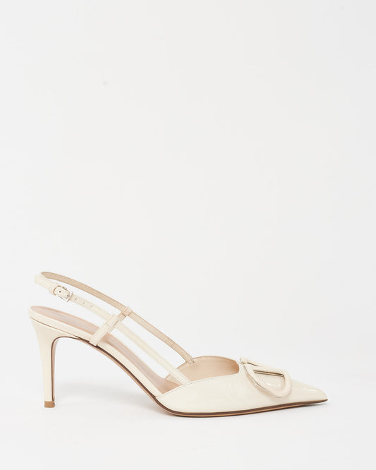 Valentino White Patent Leather VLogo Slingback Pumps - 37.5