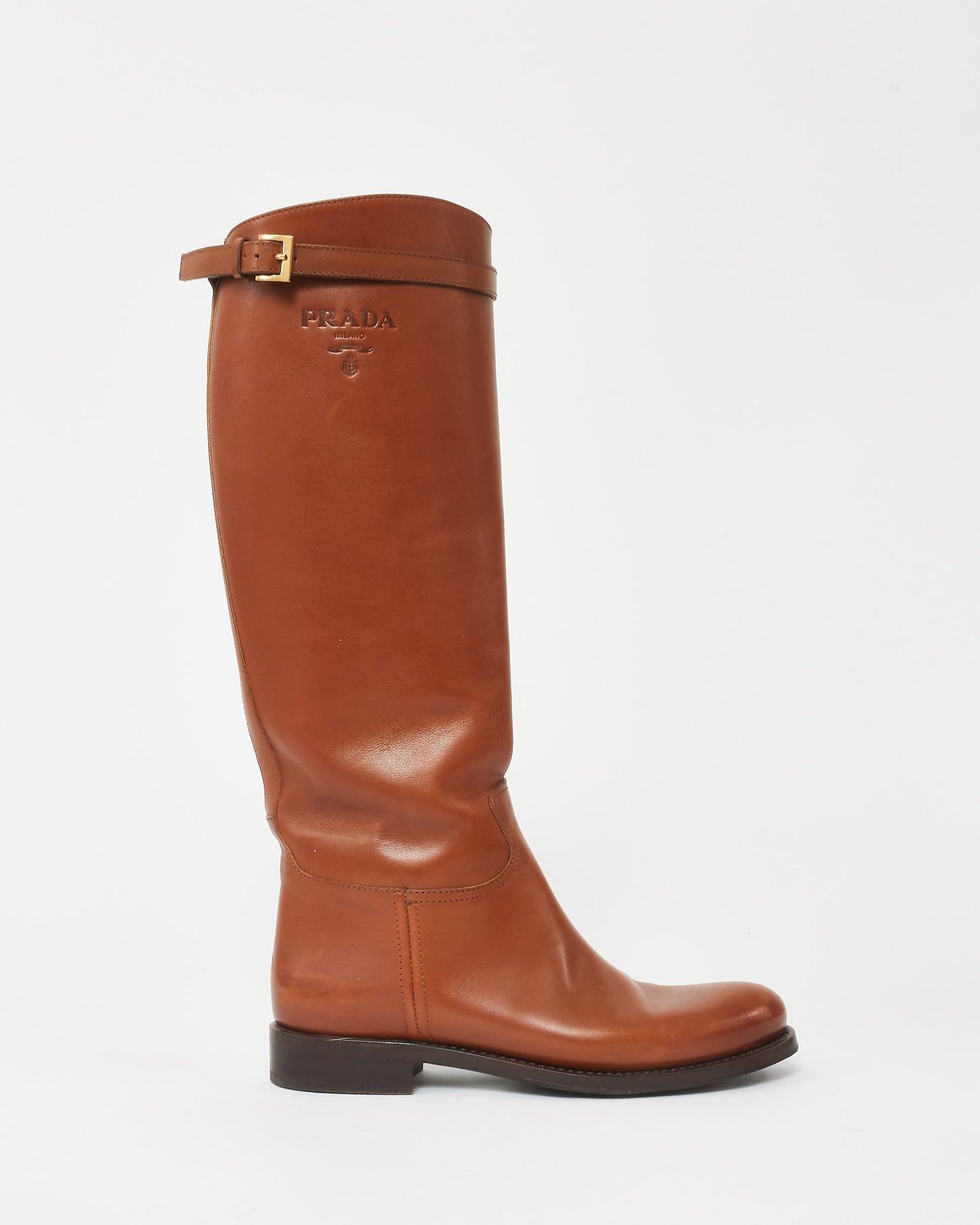 Prada Camel Leather Logo Belted Knee-High Riding Boots - 38