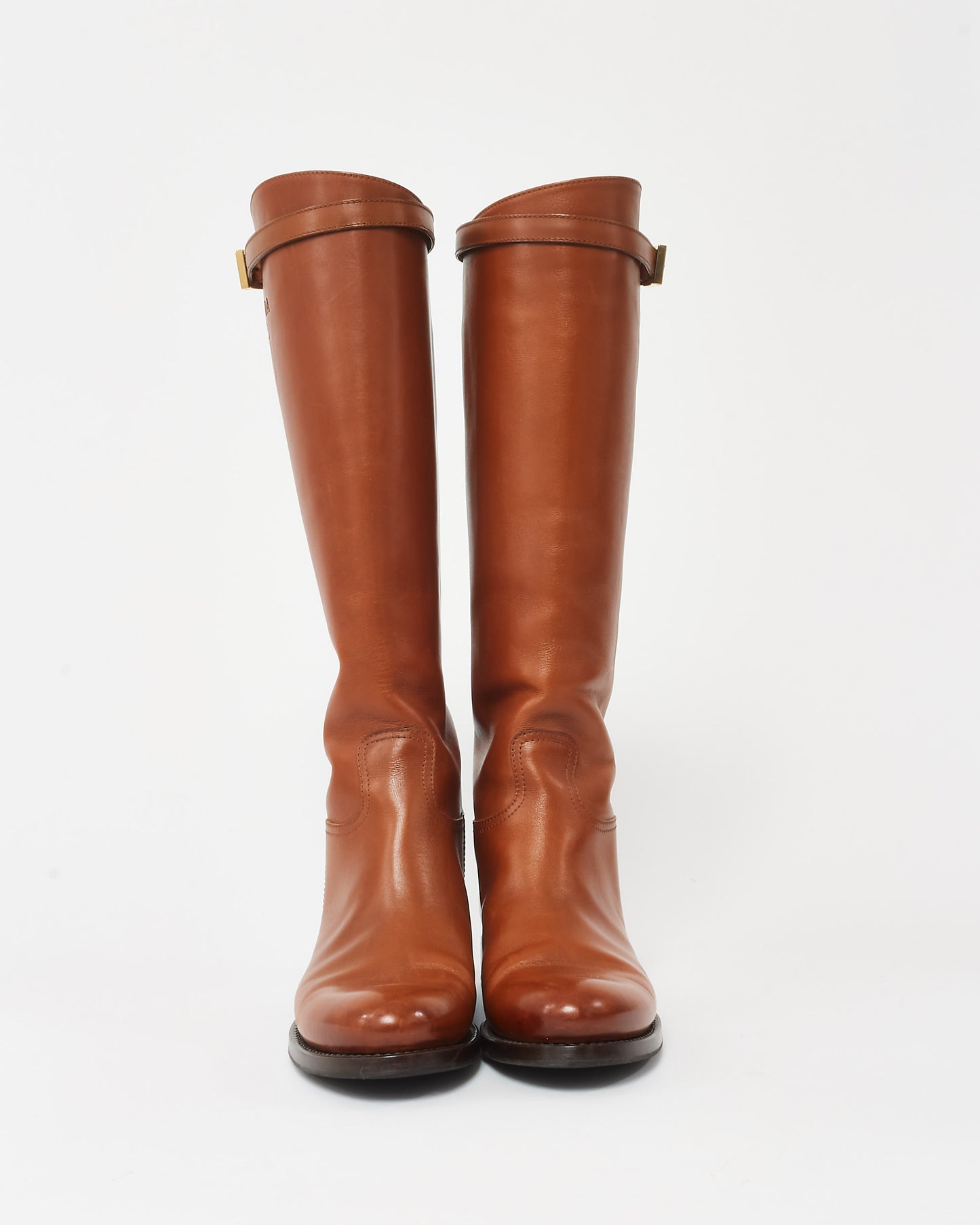 Prada Camel Leather Logo Belted Knee-High Riding Boots - 38