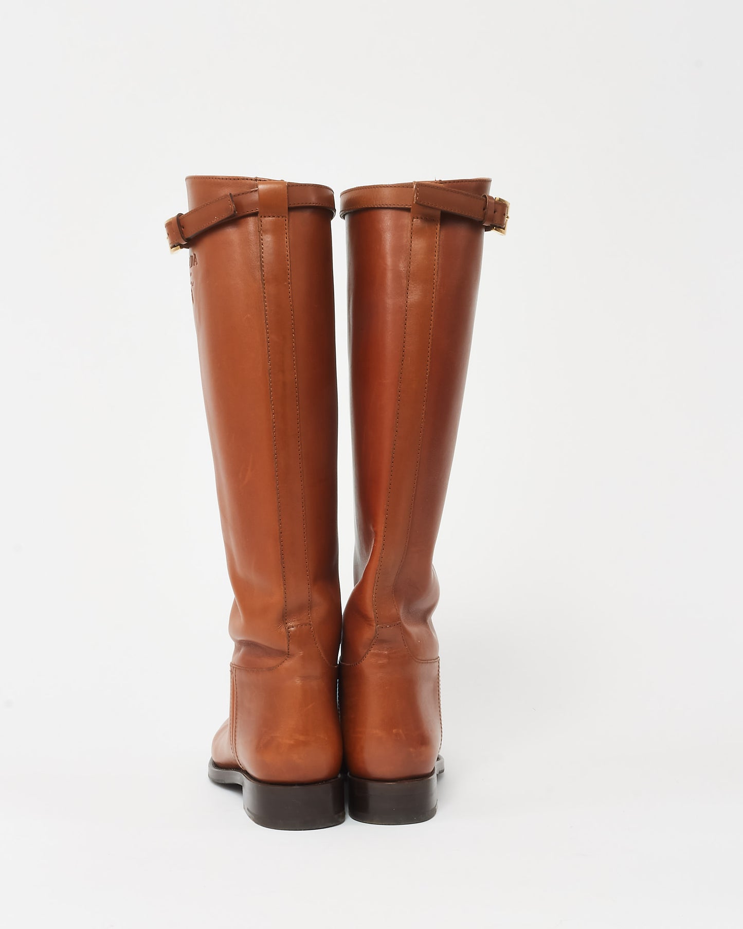 Prada Camel Leather Logo Belted Knee-High Riding Boots - 38