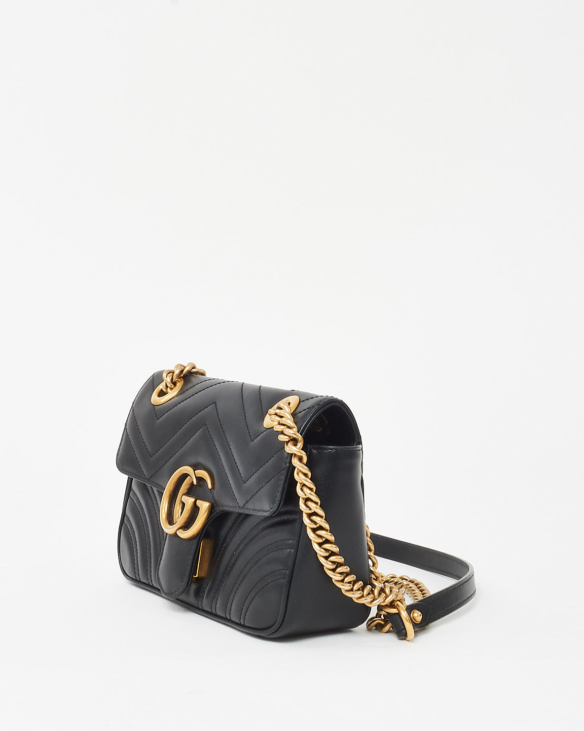 Gucci Black Matelassé Chevron Leather Small GG Marmont Shoulder Bag