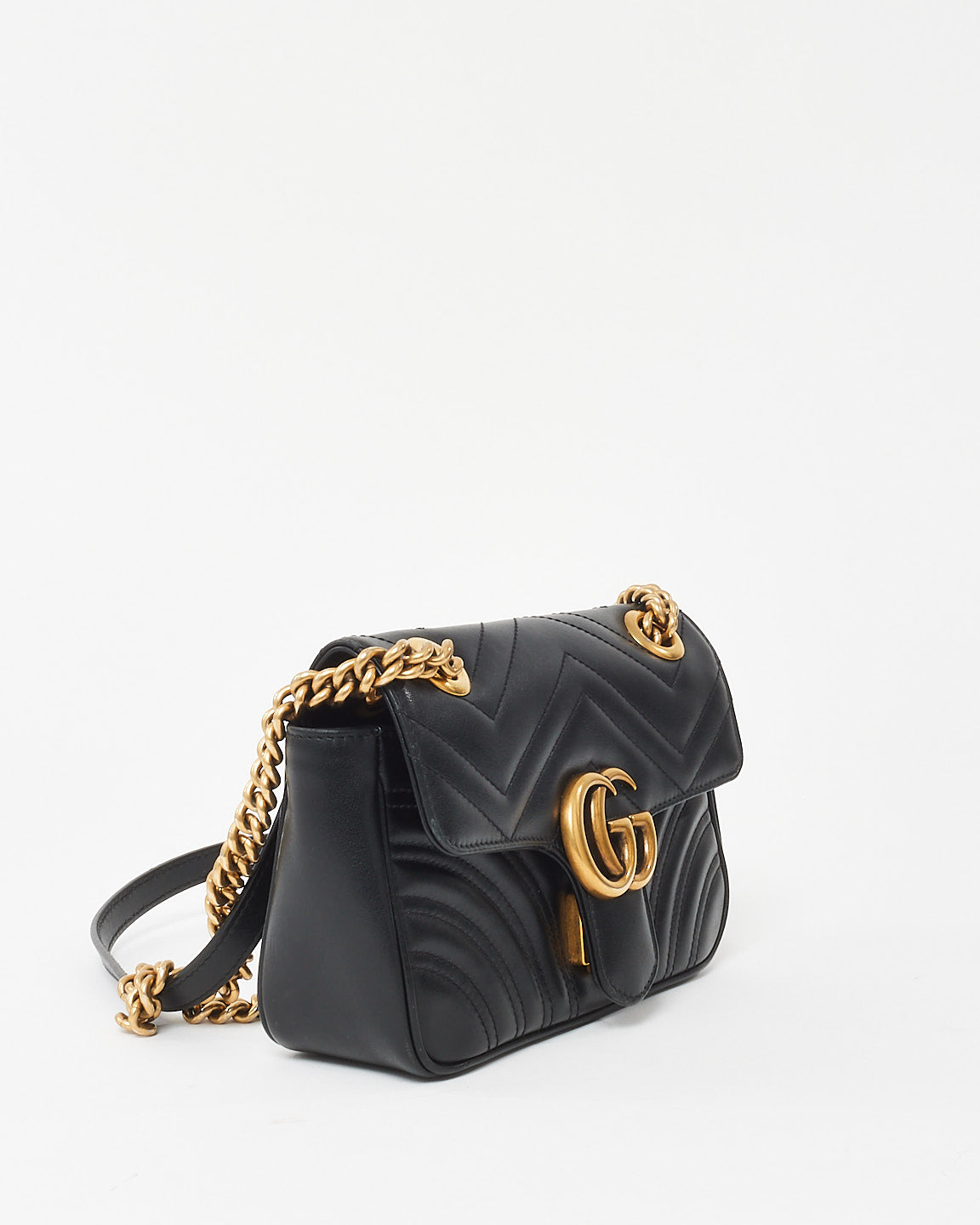 Gucci Black Matelassé Chevron Leather Small GG Marmont Shoulder Bag