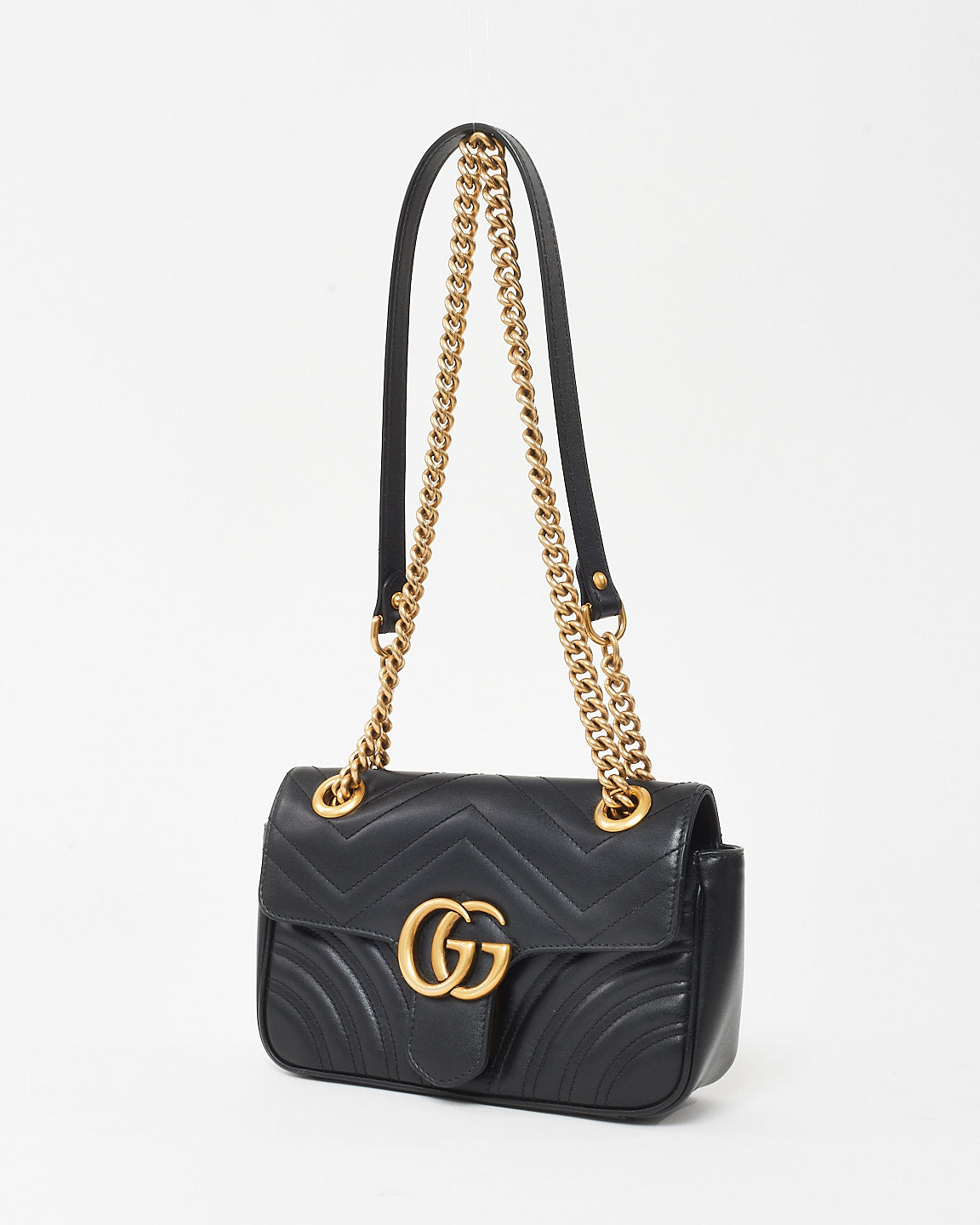 Gucci Black Matelassé Chevron Leather Small GG Marmont Shoulder Bag