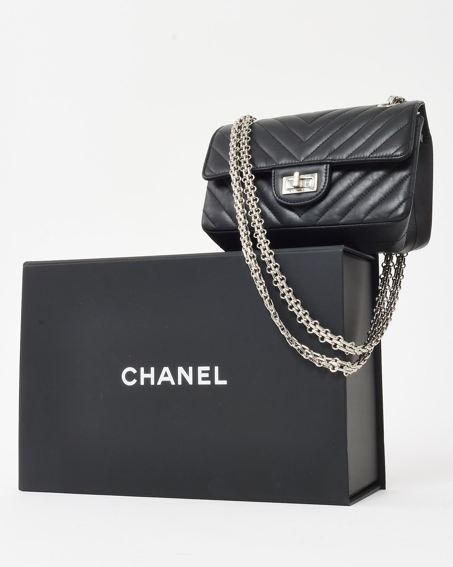 Chanel Black Aged Calfskin Chevron Quilted 2.55 Reissue Mini Flap Bag SHW