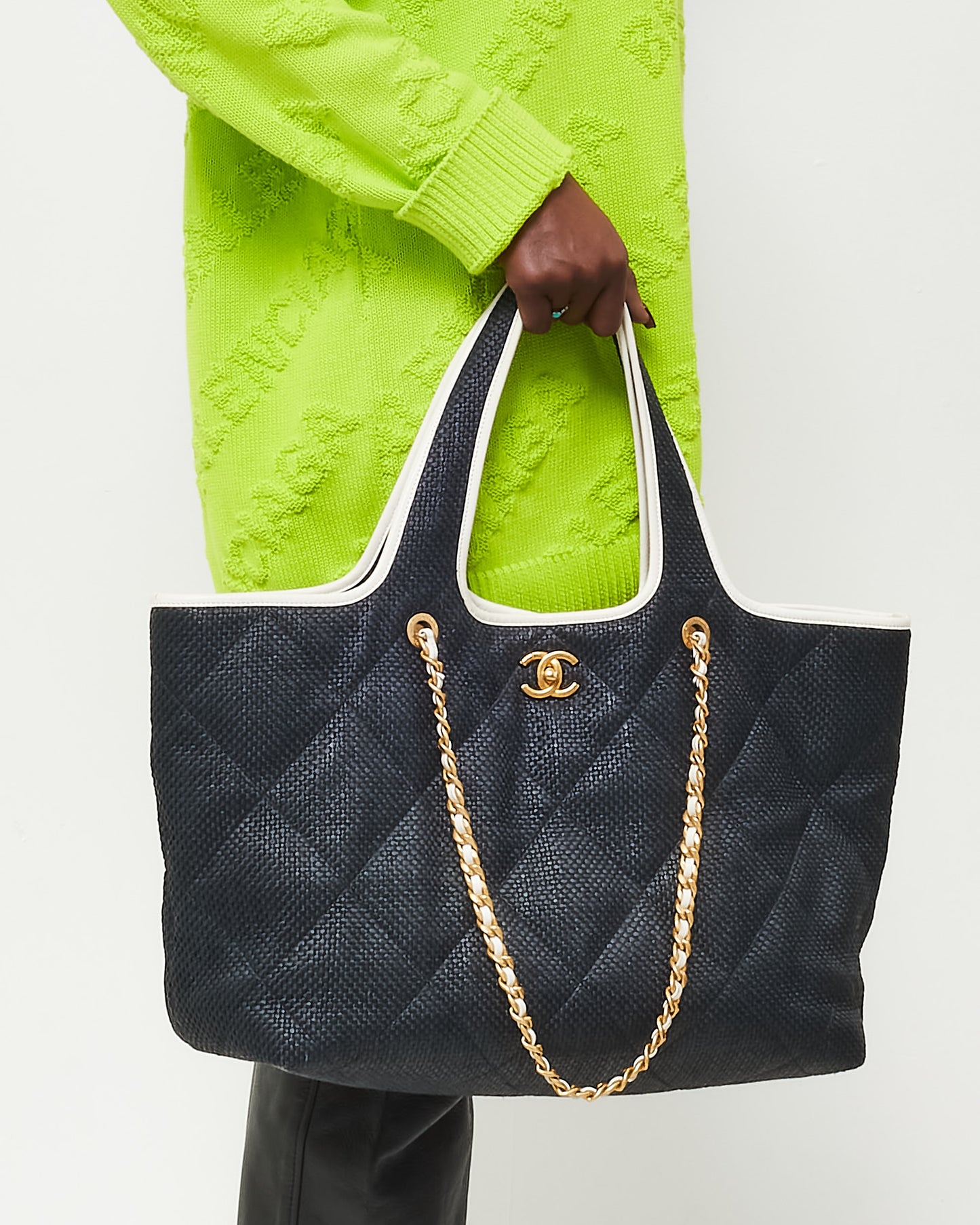 Chanel Navy Quilted Raffia Coco 2023 Shopper Tote with Chain