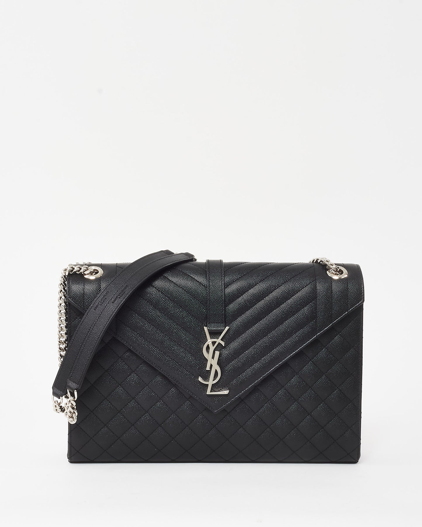 Saint Laurent Black Quilted Embossed Leather Large YSL Logo Envelope Flap Bag