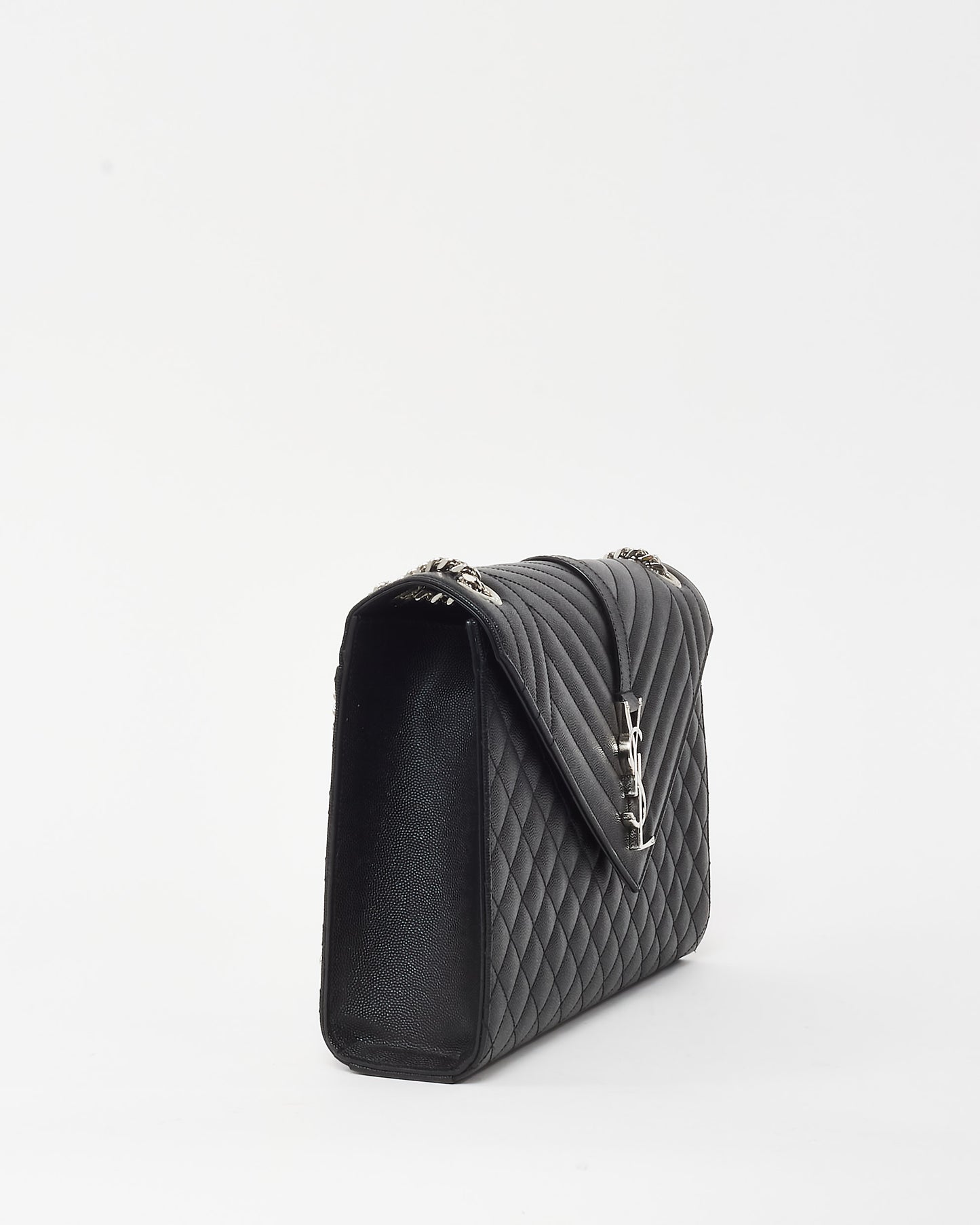 Saint Laurent Black Quilted Embossed Leather Large YSL Logo Envelope Flap Bag