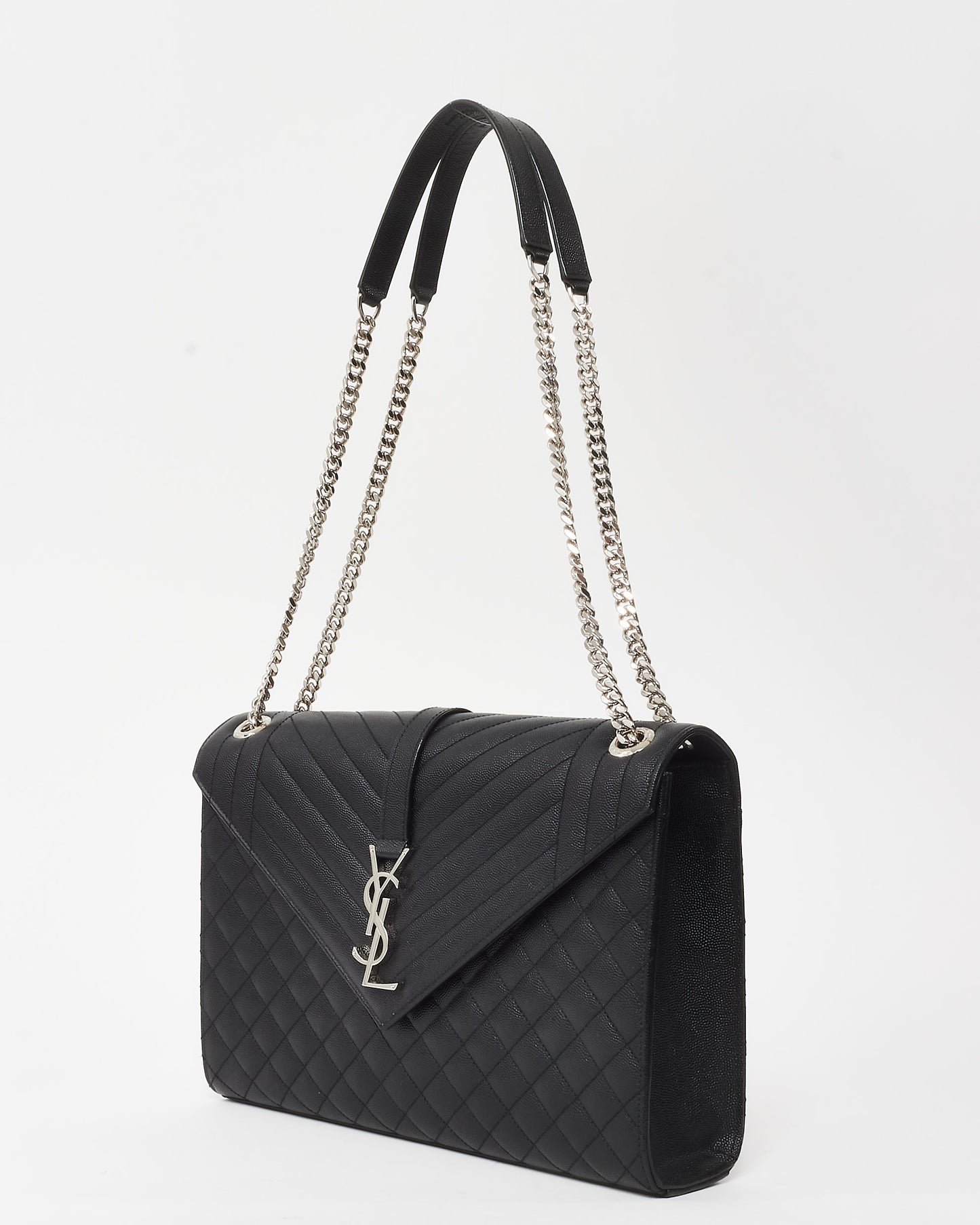 Saint Laurent Black Quilted Embossed Leather Large YSL Logo Envelope Flap Bag