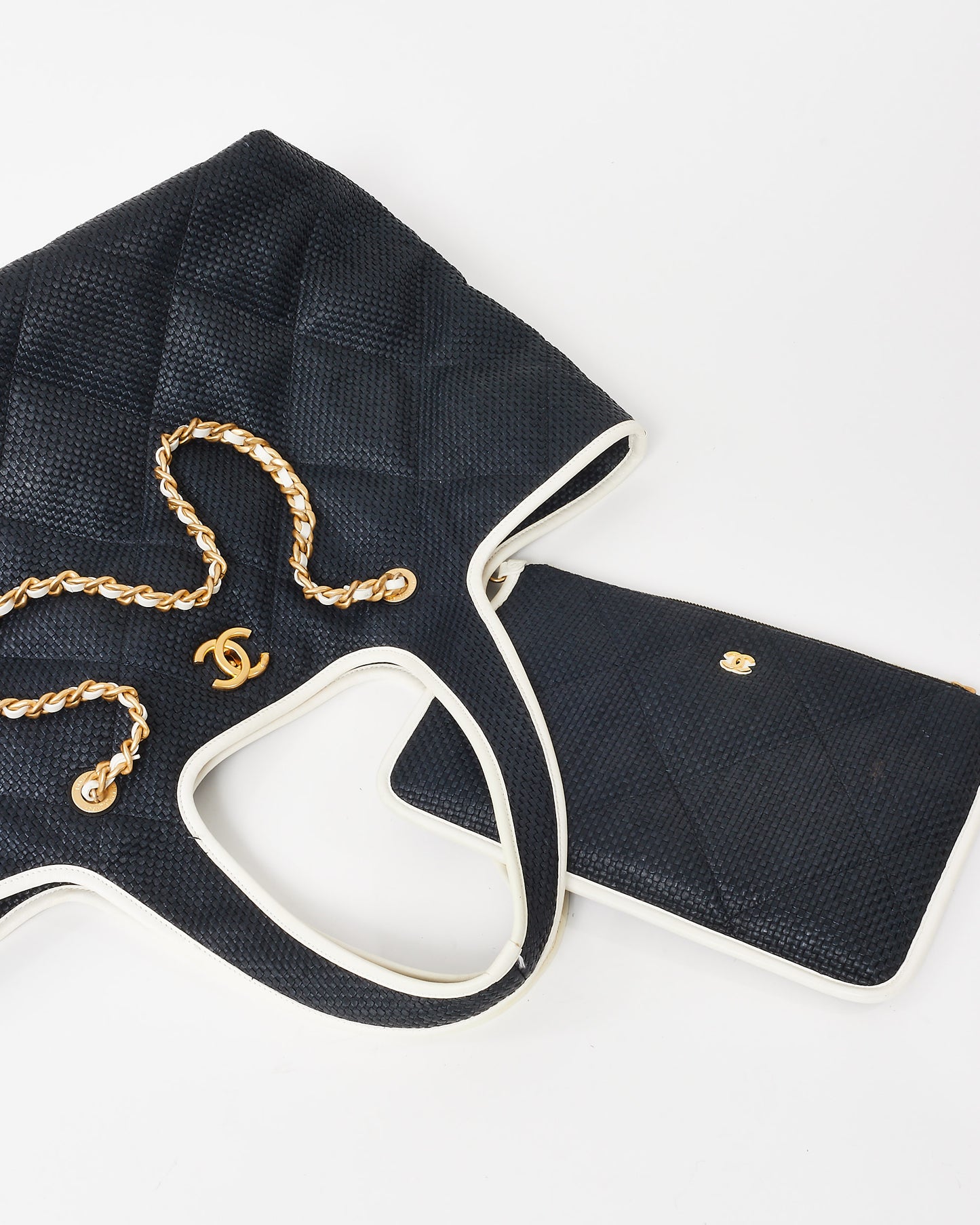 Chanel Navy Quilted Raffia Coco 2023 Shopper Tote with Chain