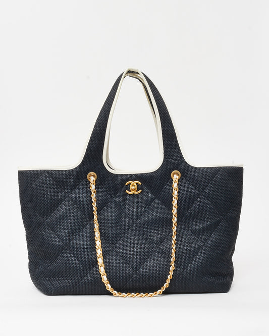 Chanel Navy Quilted Raffia Coco 2023 Shopper Tote with Chain