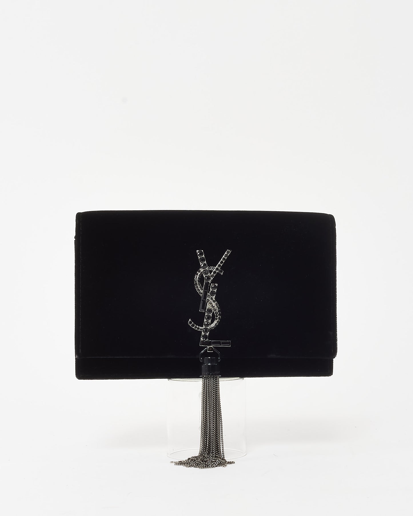 Saint Laurent Black Velvet Small Crystal Embellished YSL Logo Kate Tassel Crossbody Bag