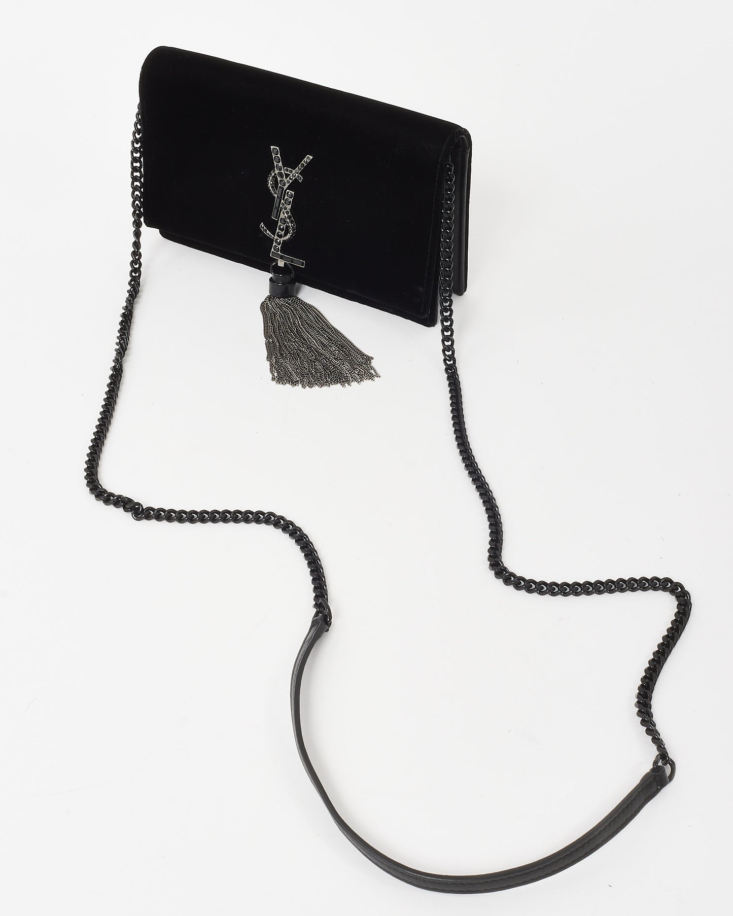 Saint Laurent Black Velvet Small Crystal Embellished YSL Logo Kate Tassel Crossbody Bag