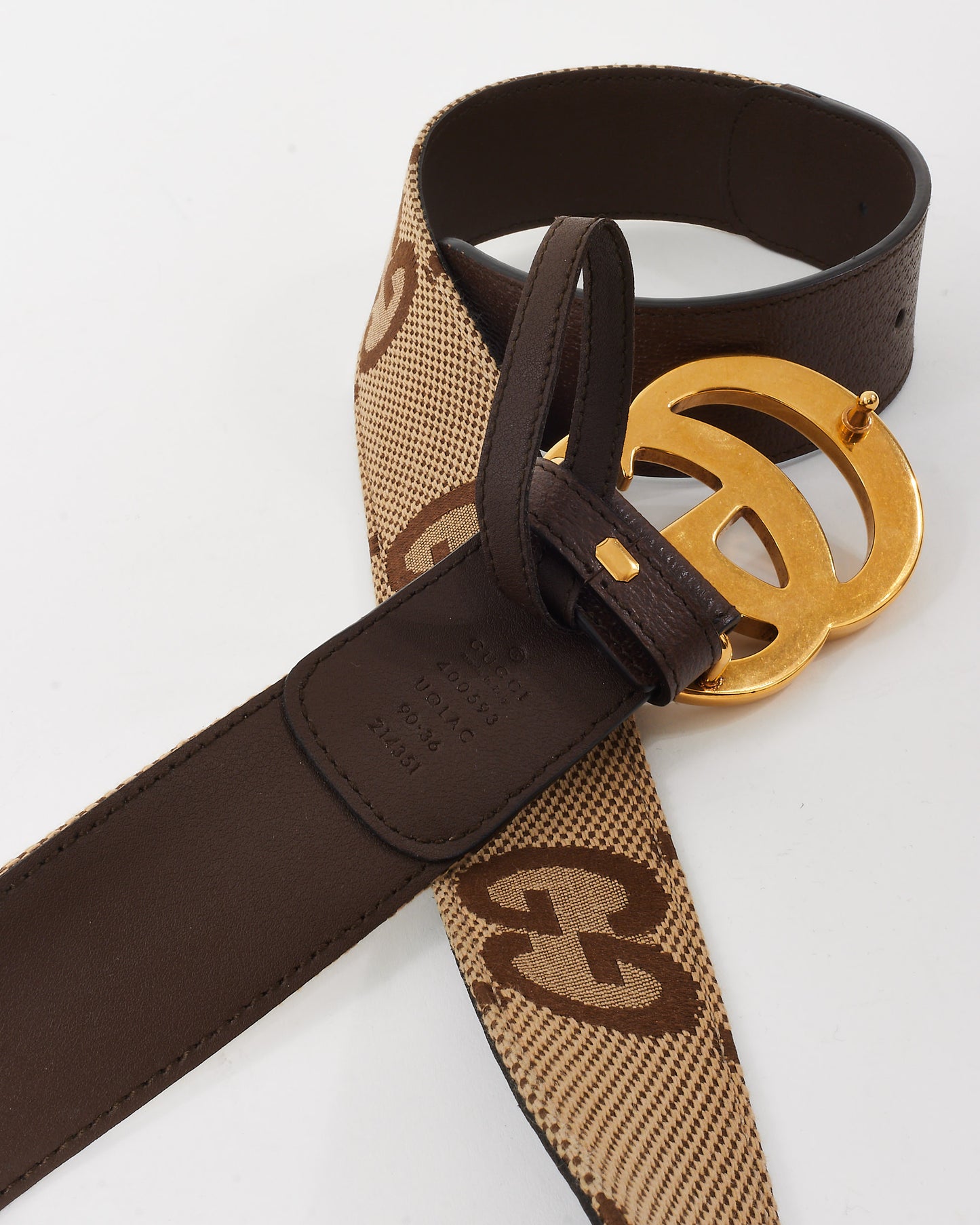 Gucci Beige 
Brown Oversize Logo GG Marmont Belt GHW - 90/36