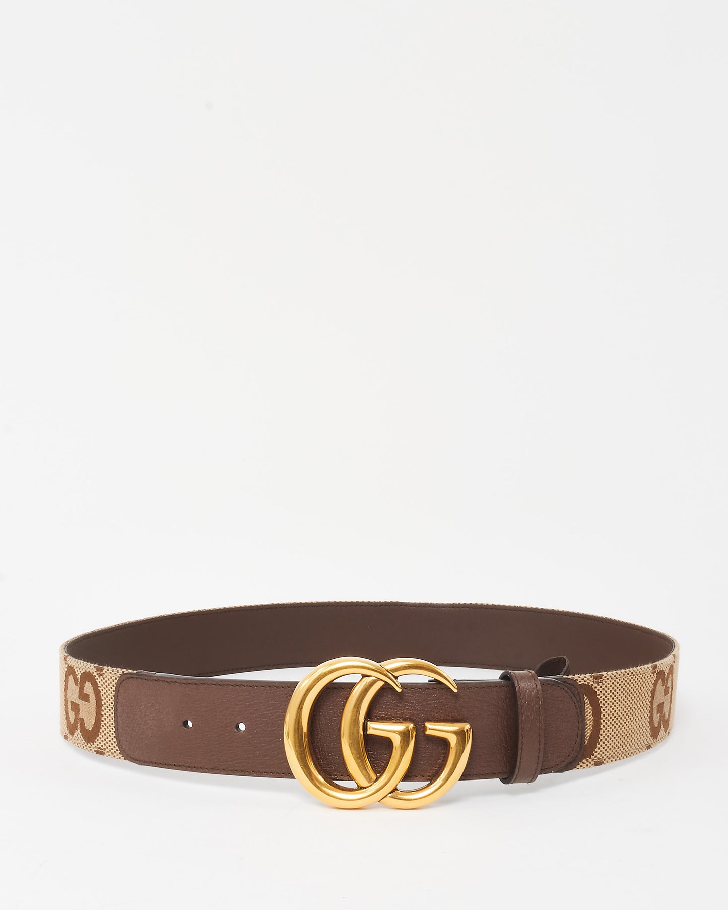 Gucci Beige 
Brown Oversize Logo GG Marmont Belt GHW - 90/36