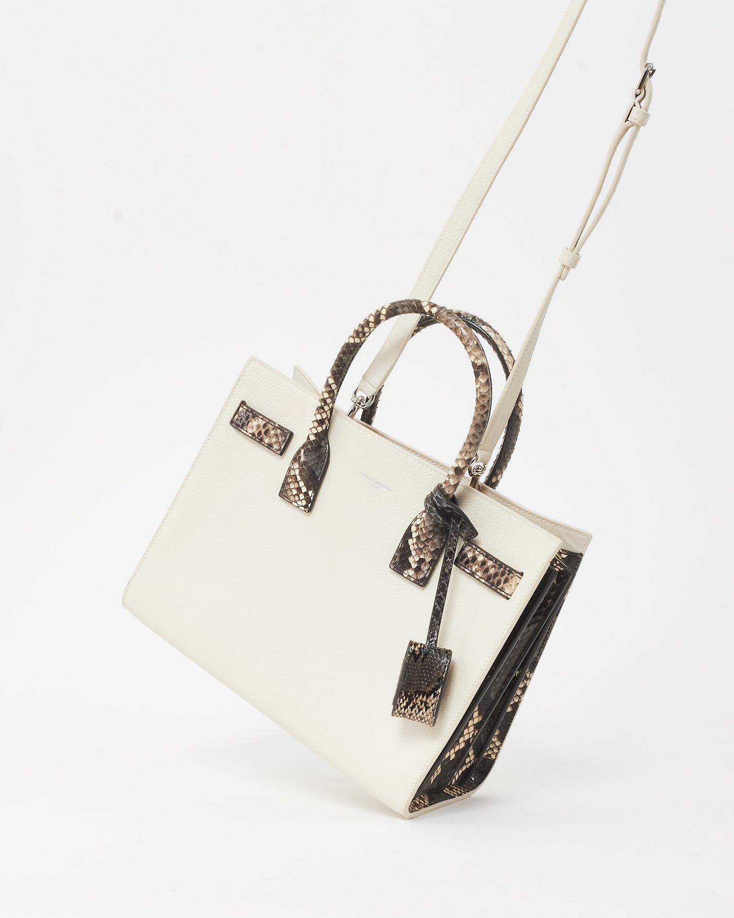 Saint Laurent White Leather 
Grey Python Trim Small Sac De Jour Bag