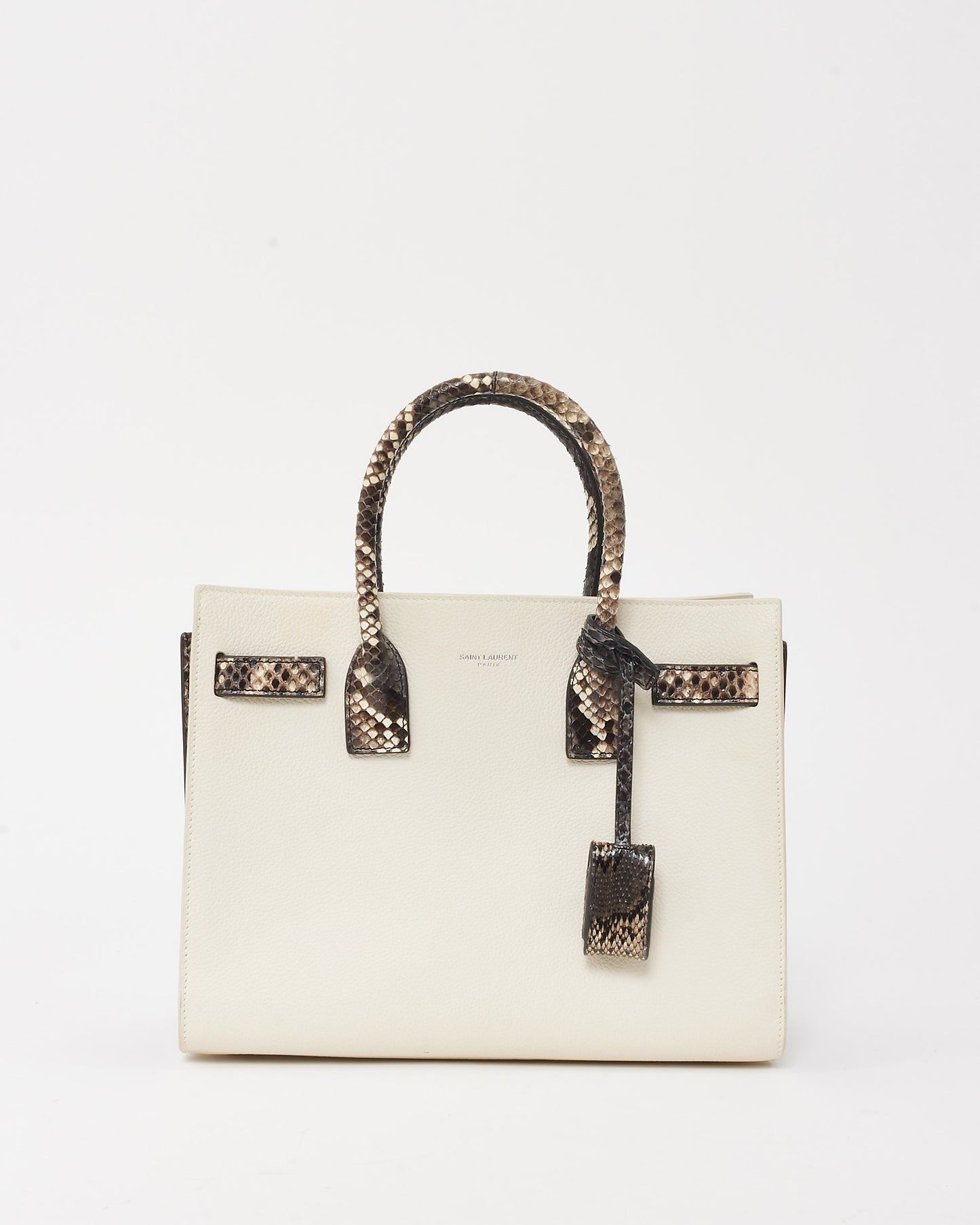 Saint Laurent White Leather 
Grey Python Trim Small Sac De Jour Bag