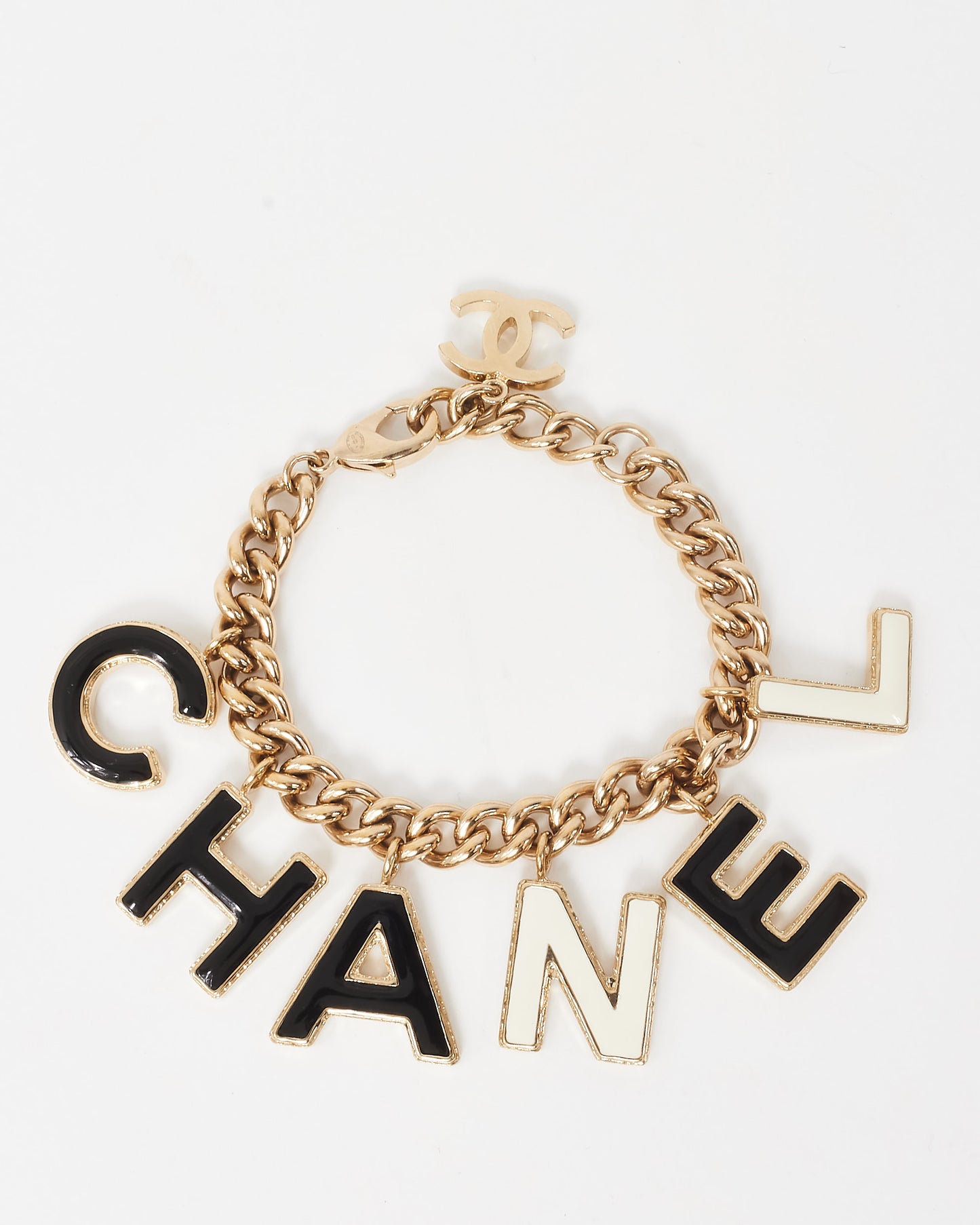 Chanel Gold-Tone Black and White Enamel CC Logo Charm Bracelet