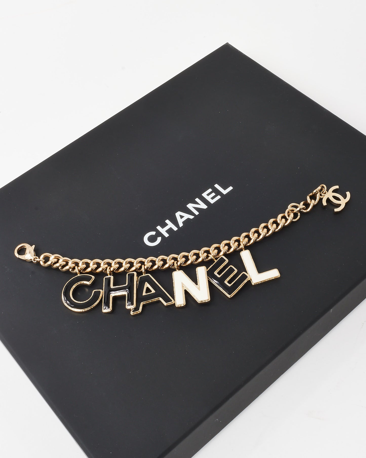 Chanel Gold-Tone Black and White Enamel CC Logo Charm Bracelet