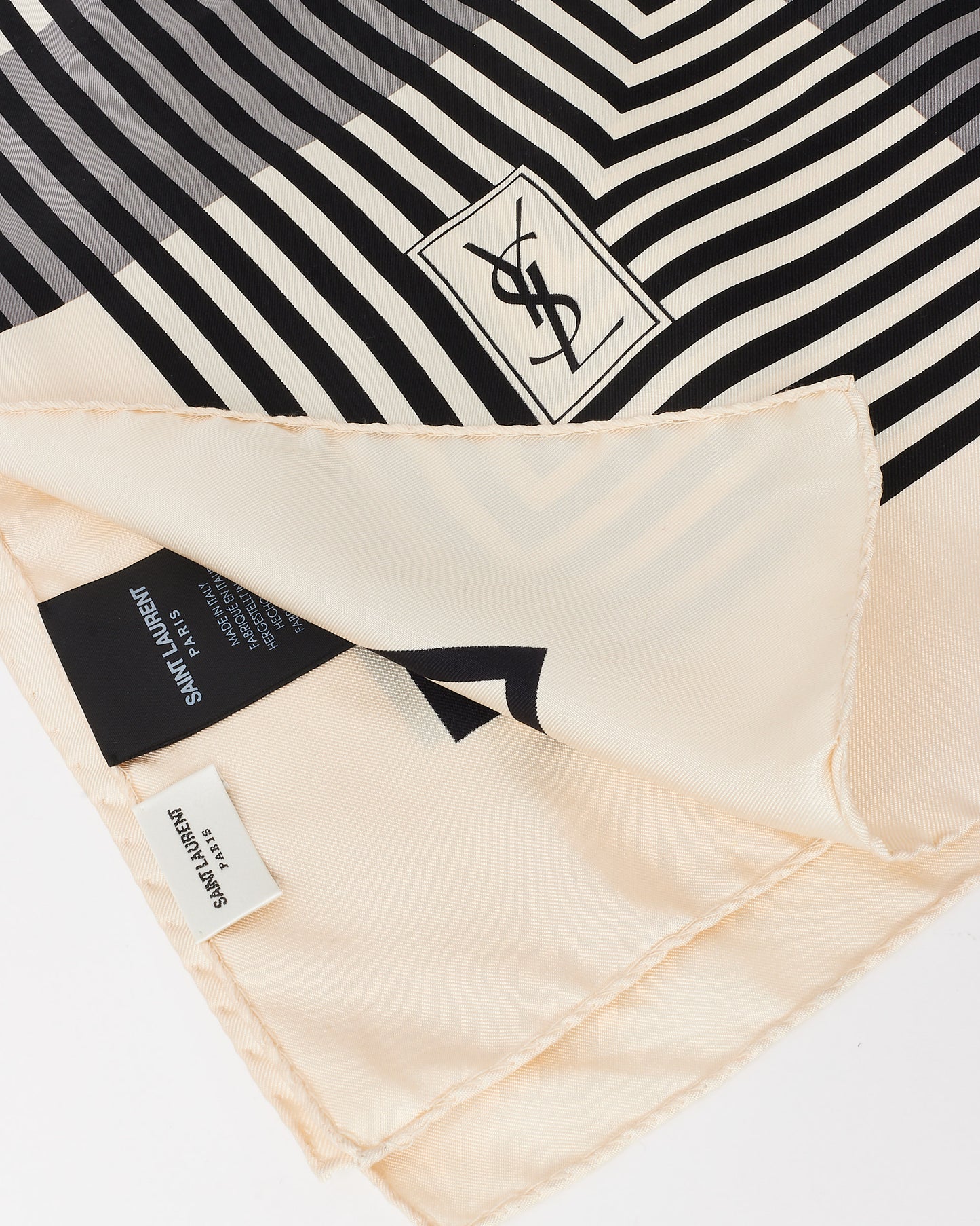 Saint Laurent Black and White Strip Logo Silk Scarf