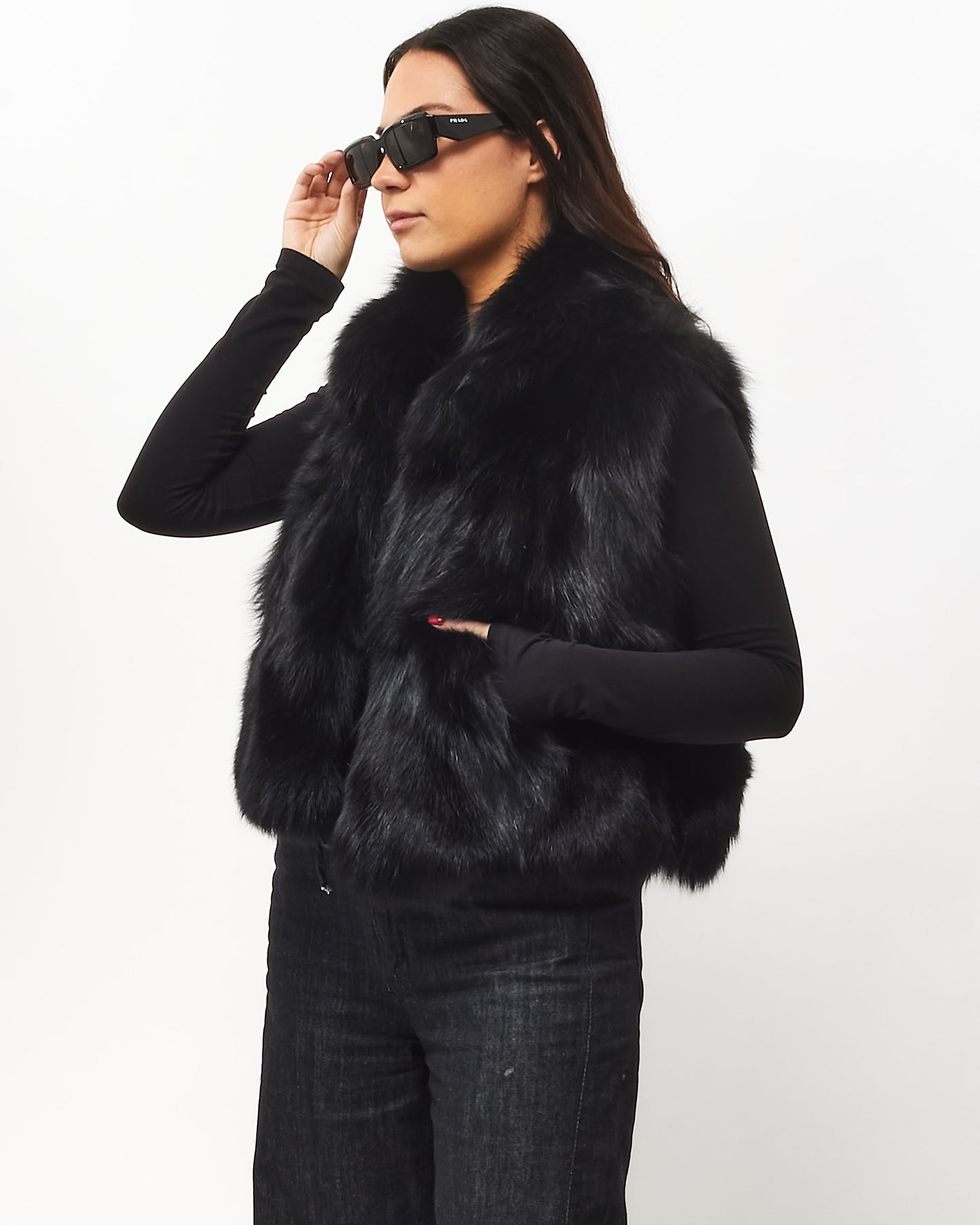 ELAMA Black Fox Sleeveless Fur Vest - M