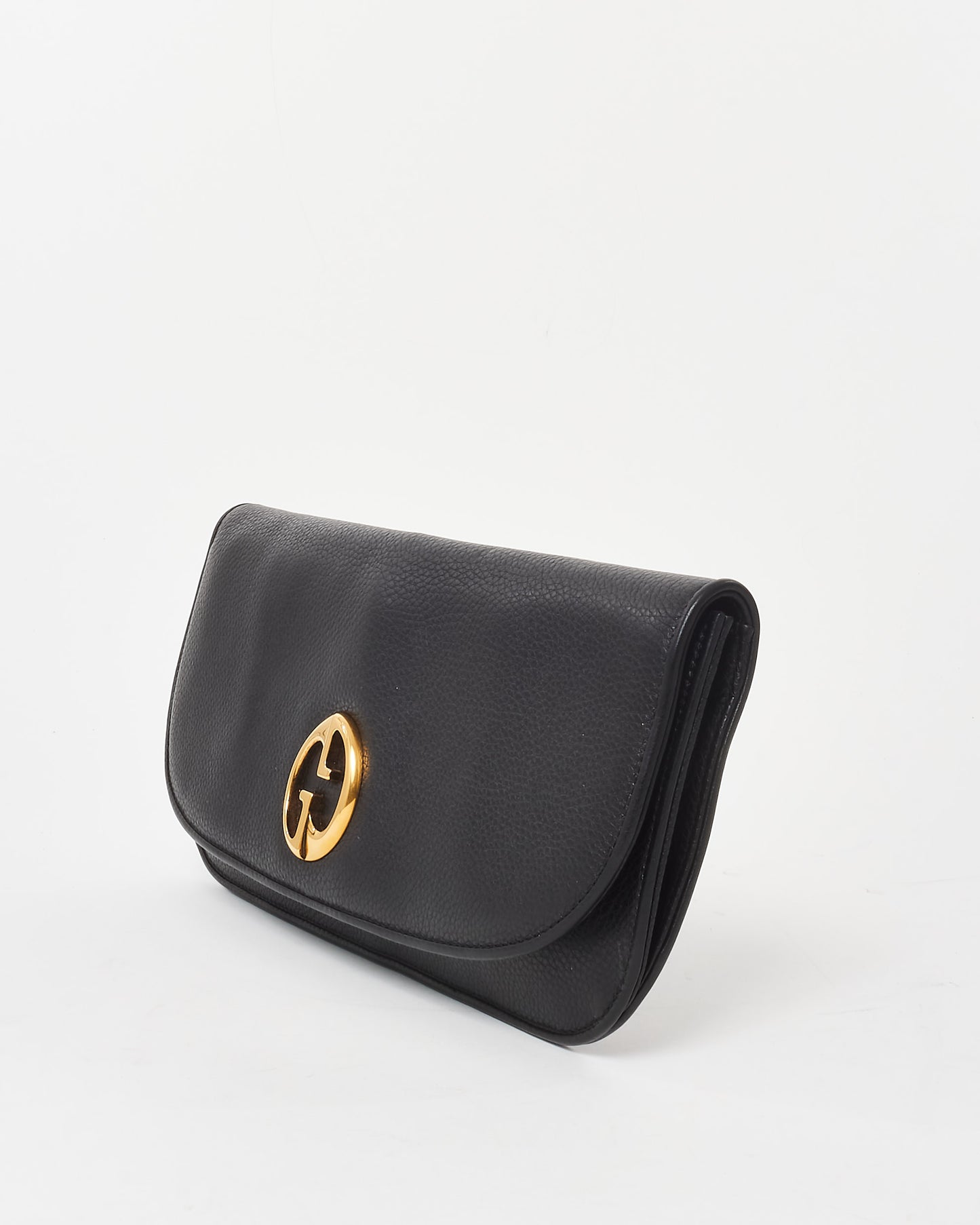 Gucci Black Pebbled Calfskin Leather 1973 Logo Clutch