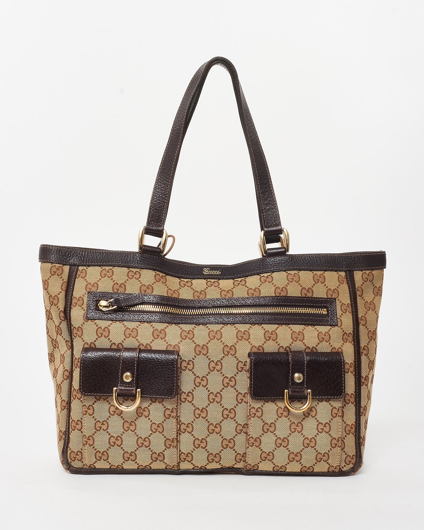 Gucci Brown 
Beige GG Monogram Canvas Abbey Pocket Zip Tote Bag