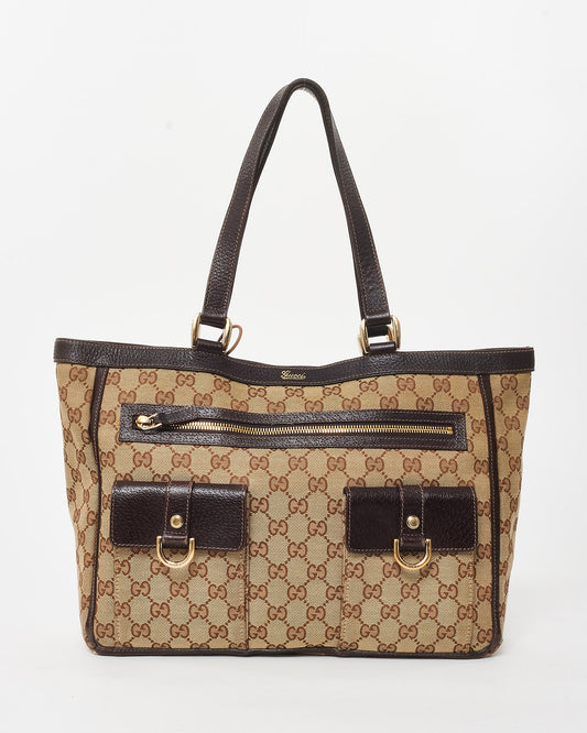 Gucci Brown 
Beige GG Monogram Canvas Abbey Pocket Zip Tote Bag