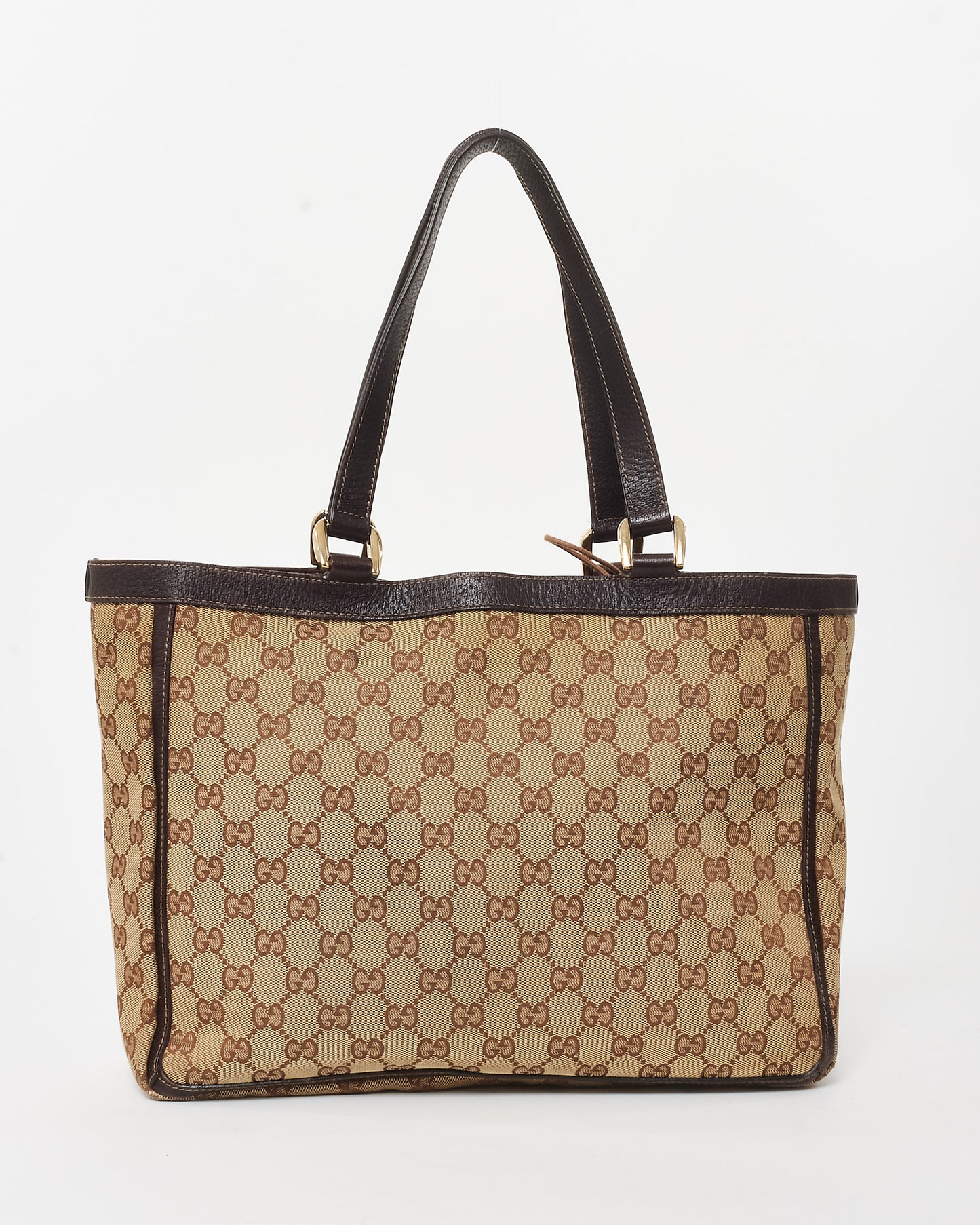 Gucci Brown 
Beige GG Monogram Canvas Abbey Pocket Zip Tote Bag