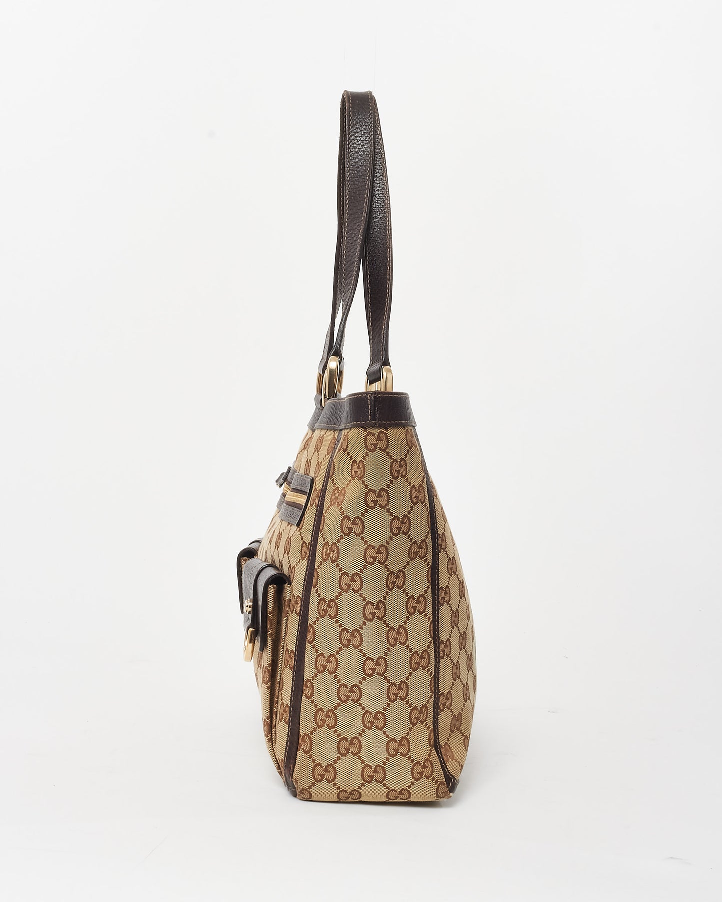 Gucci Brown 
Beige GG Monogram Canvas Abbey Pocket Zip Tote Bag