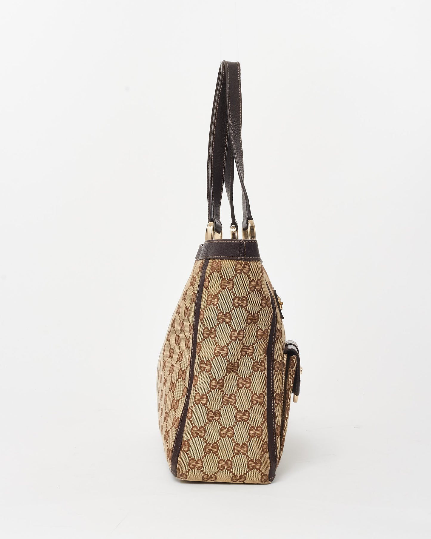 Gucci Brown 
Beige GG Monogram Canvas Abbey Pocket Zip Tote Bag