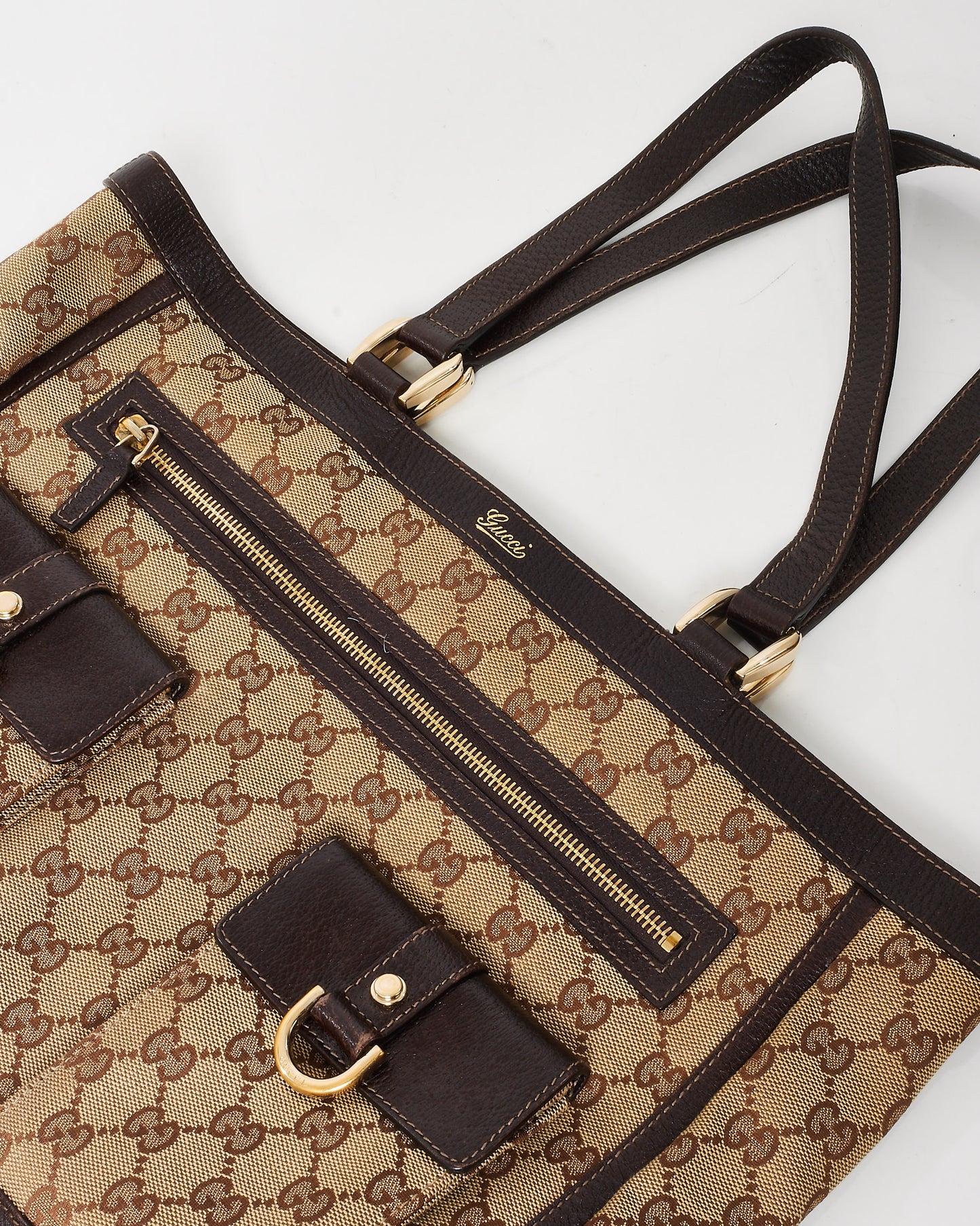 Gucci Brown 
Beige GG Monogram Canvas Abbey Pocket Zip Tote Bag