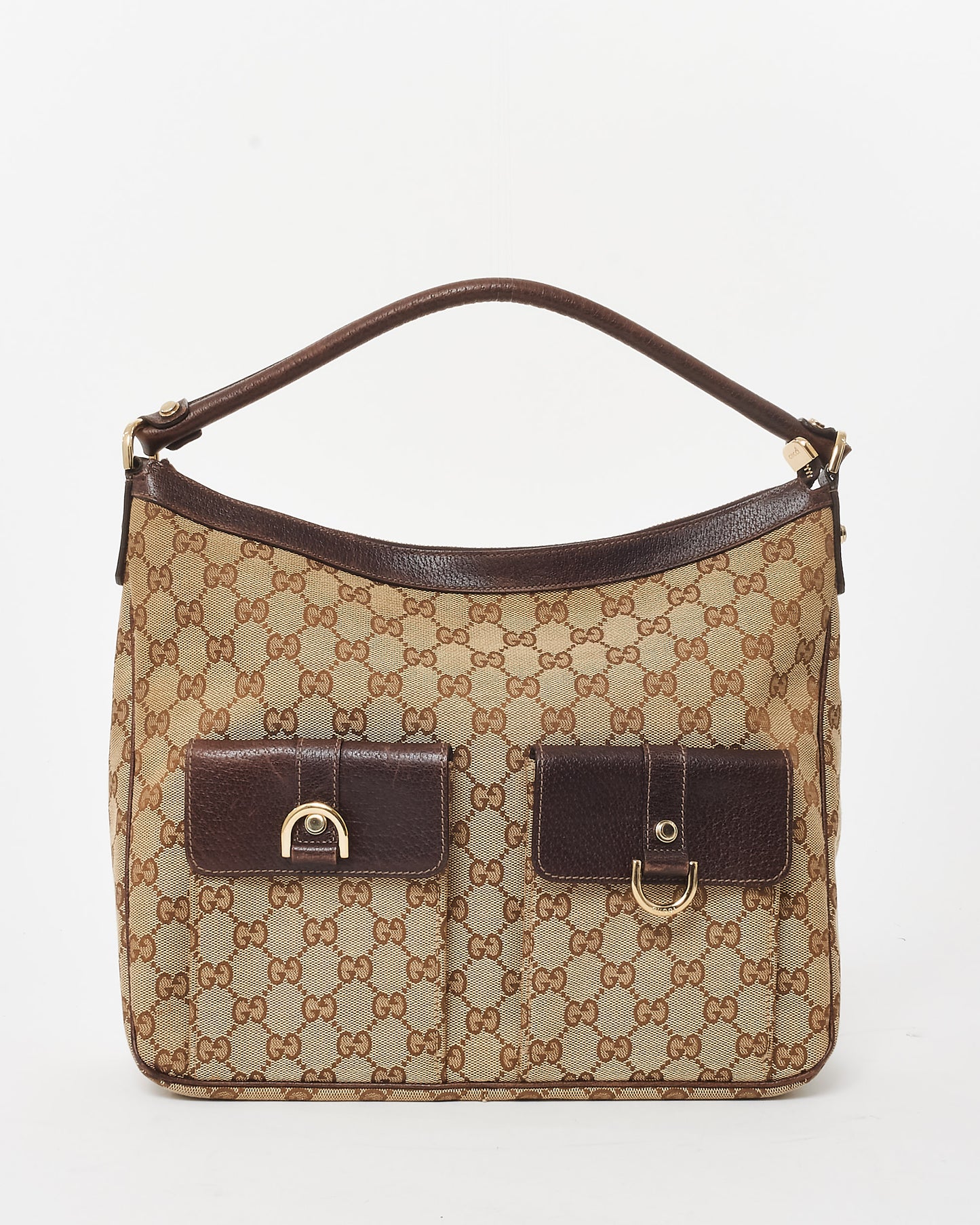 Gucci Brown 
Beige GG Monogram Canvas Abbey Pocket Hobo Bag