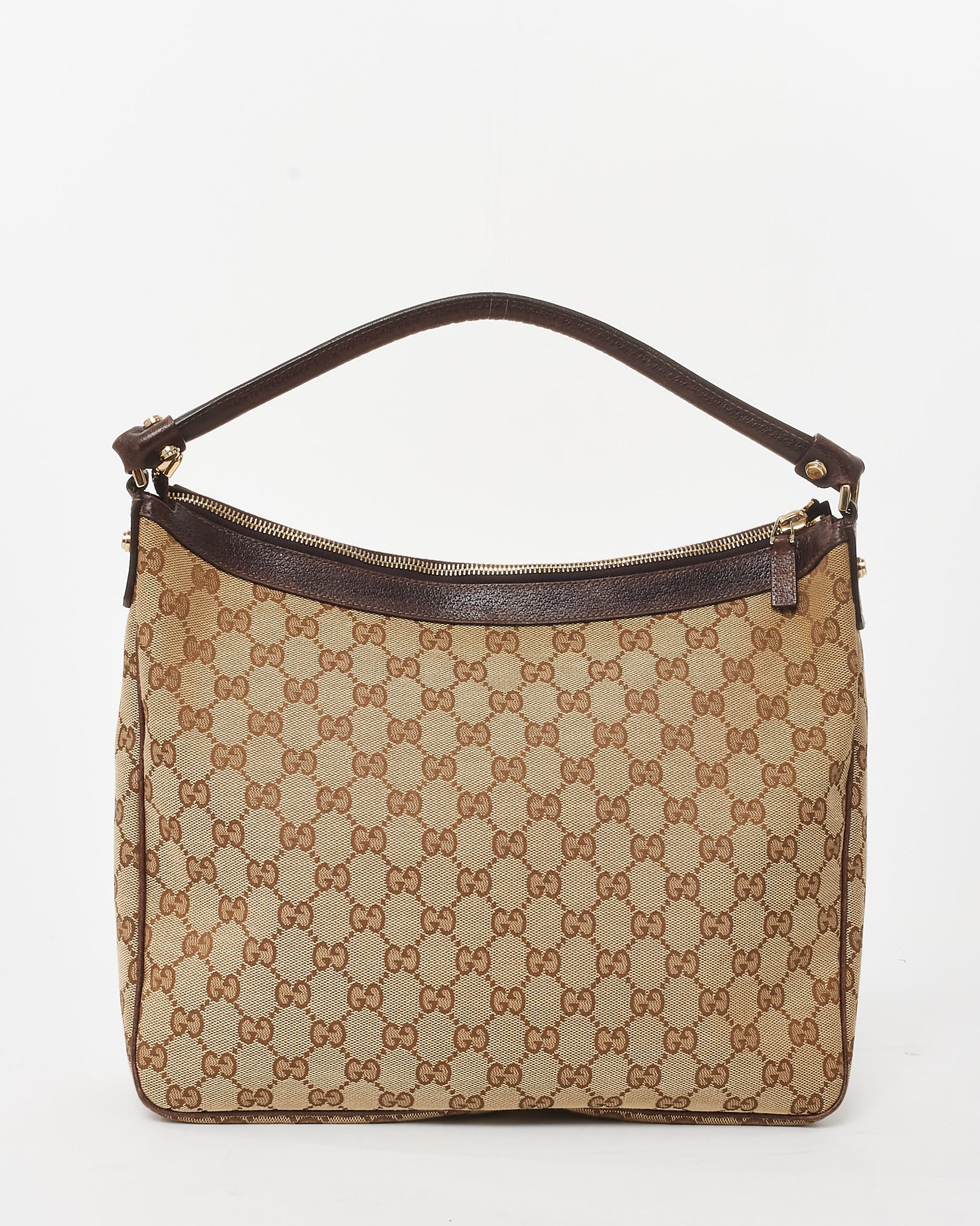 Gucci Brown 
Beige GG Monogram Canvas Abbey Pocket Hobo Bag