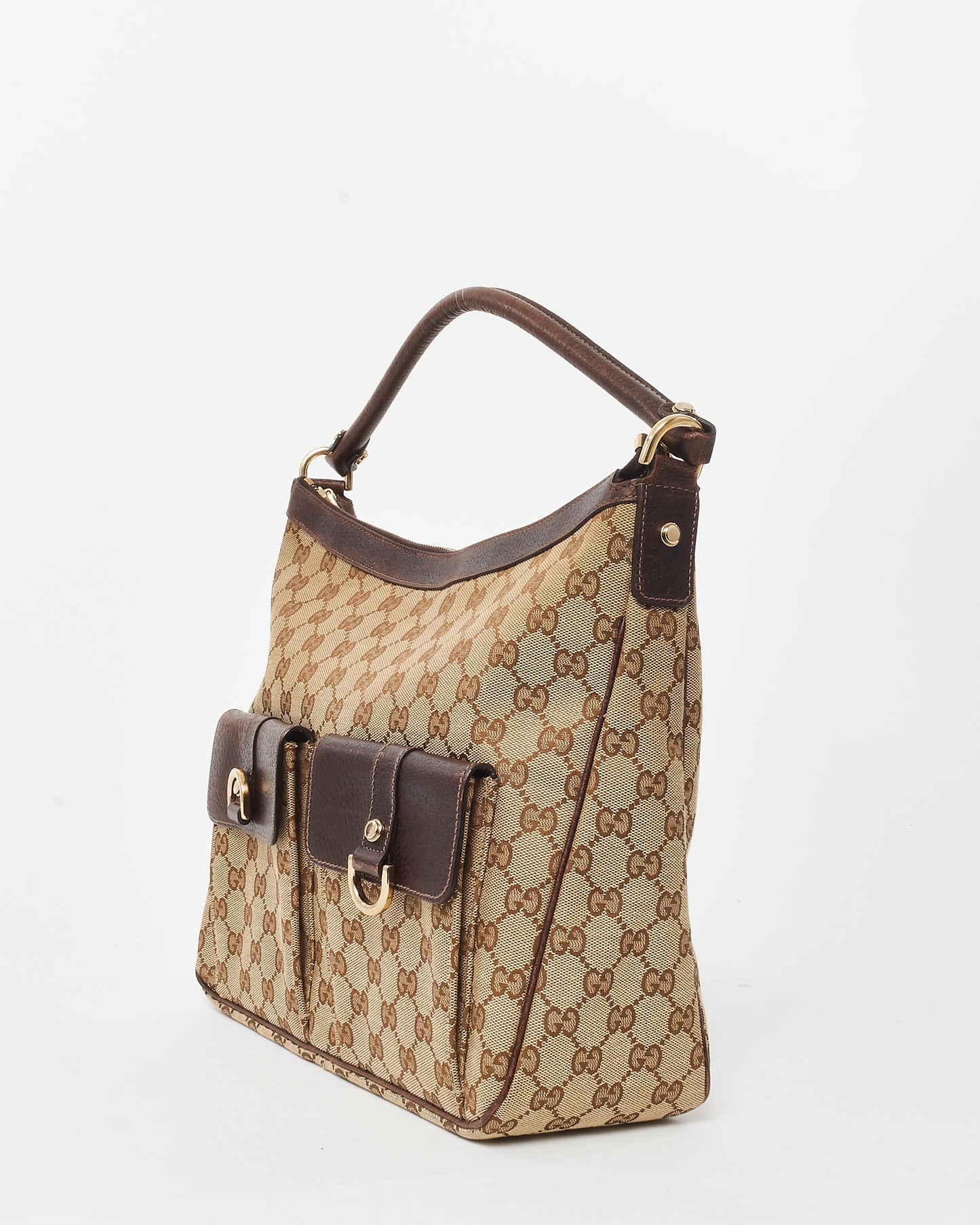 Gucci Brown 
Beige GG Monogram Canvas Abbey Pocket Hobo Bag