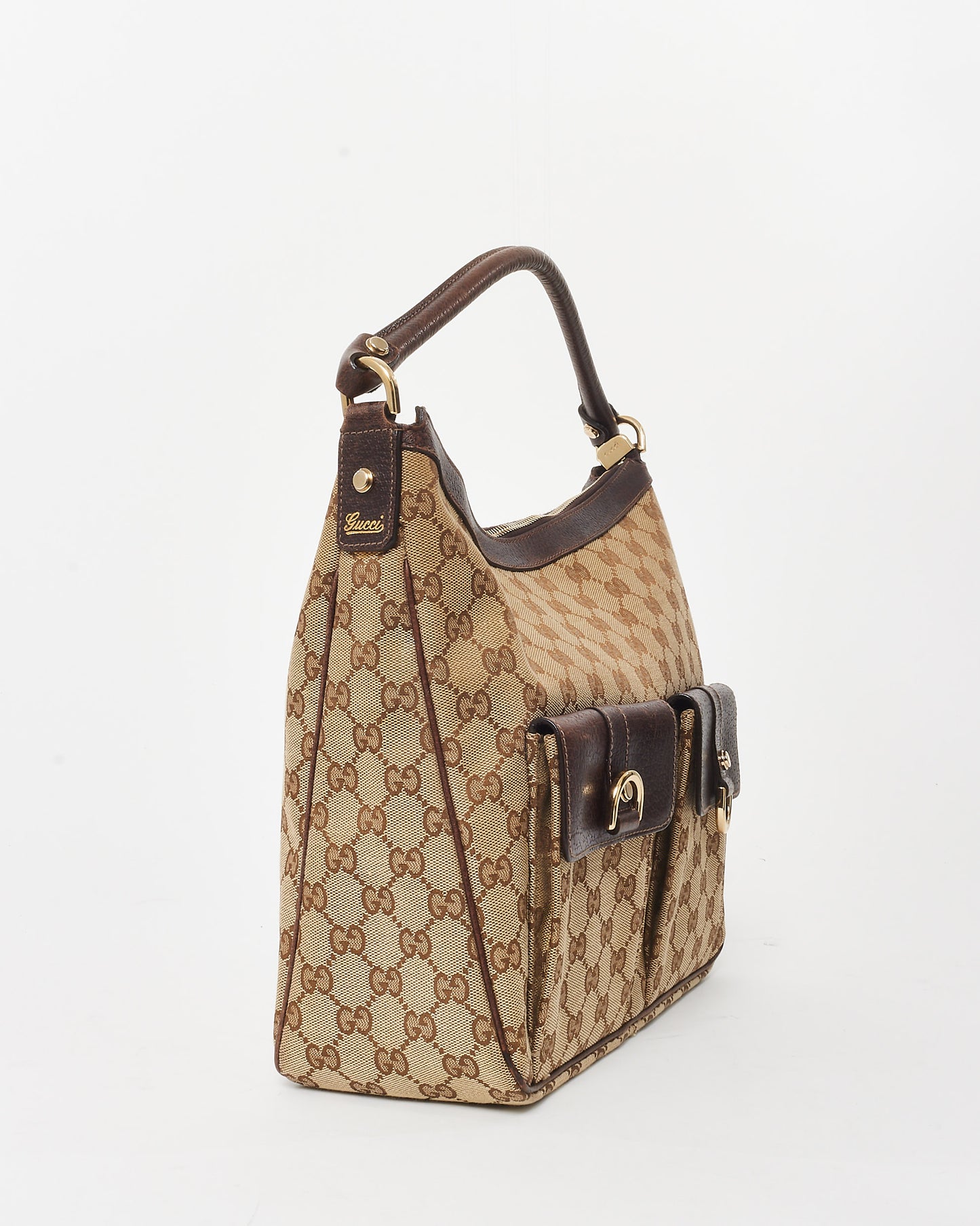 Gucci Brown 
Beige GG Monogram Canvas Abbey Pocket Hobo Bag